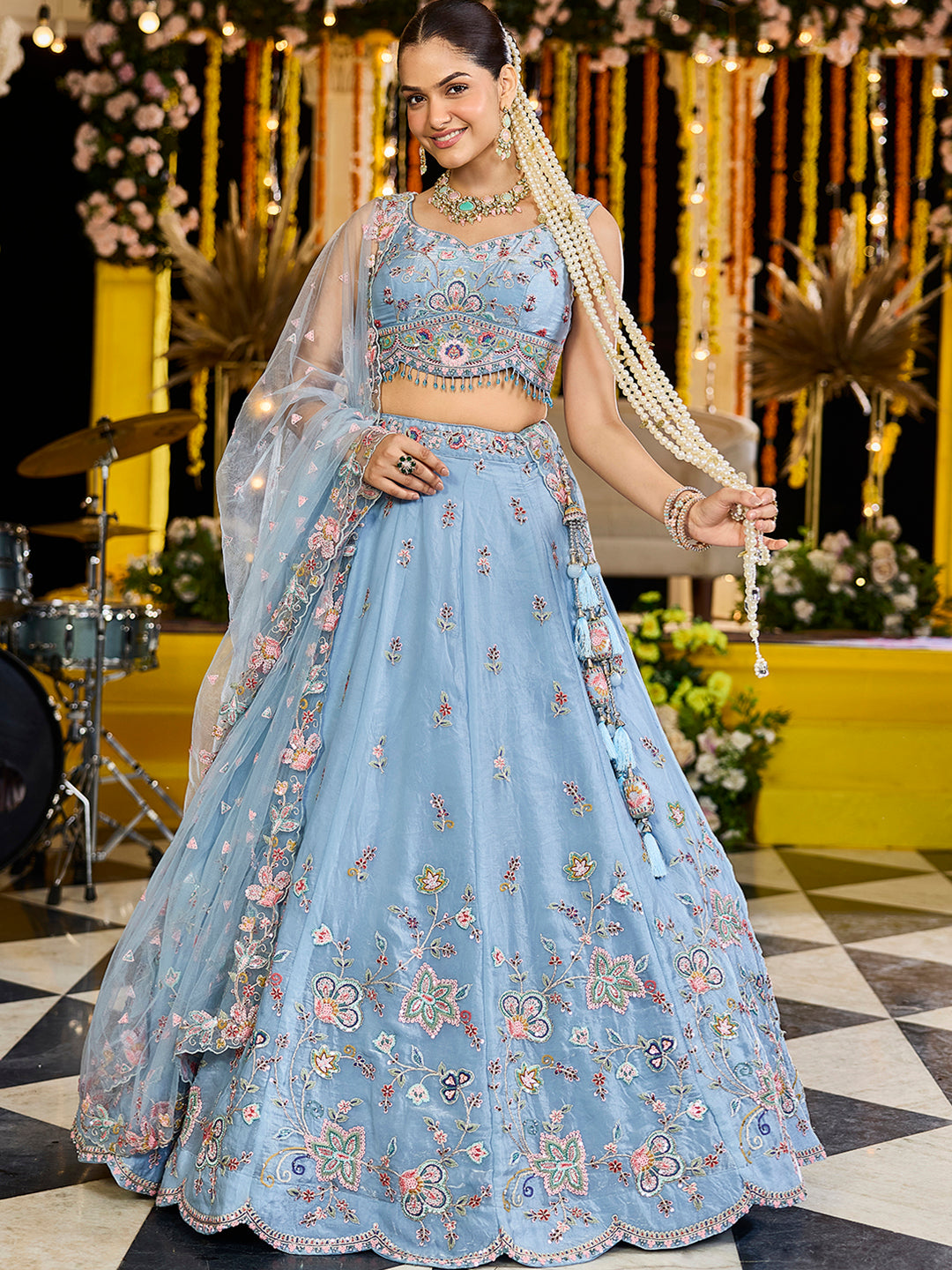 Sky Blue - Satin Silk Fabric Sequinned Embroidered Ready to Wear Lehenga Choli & Dupatta