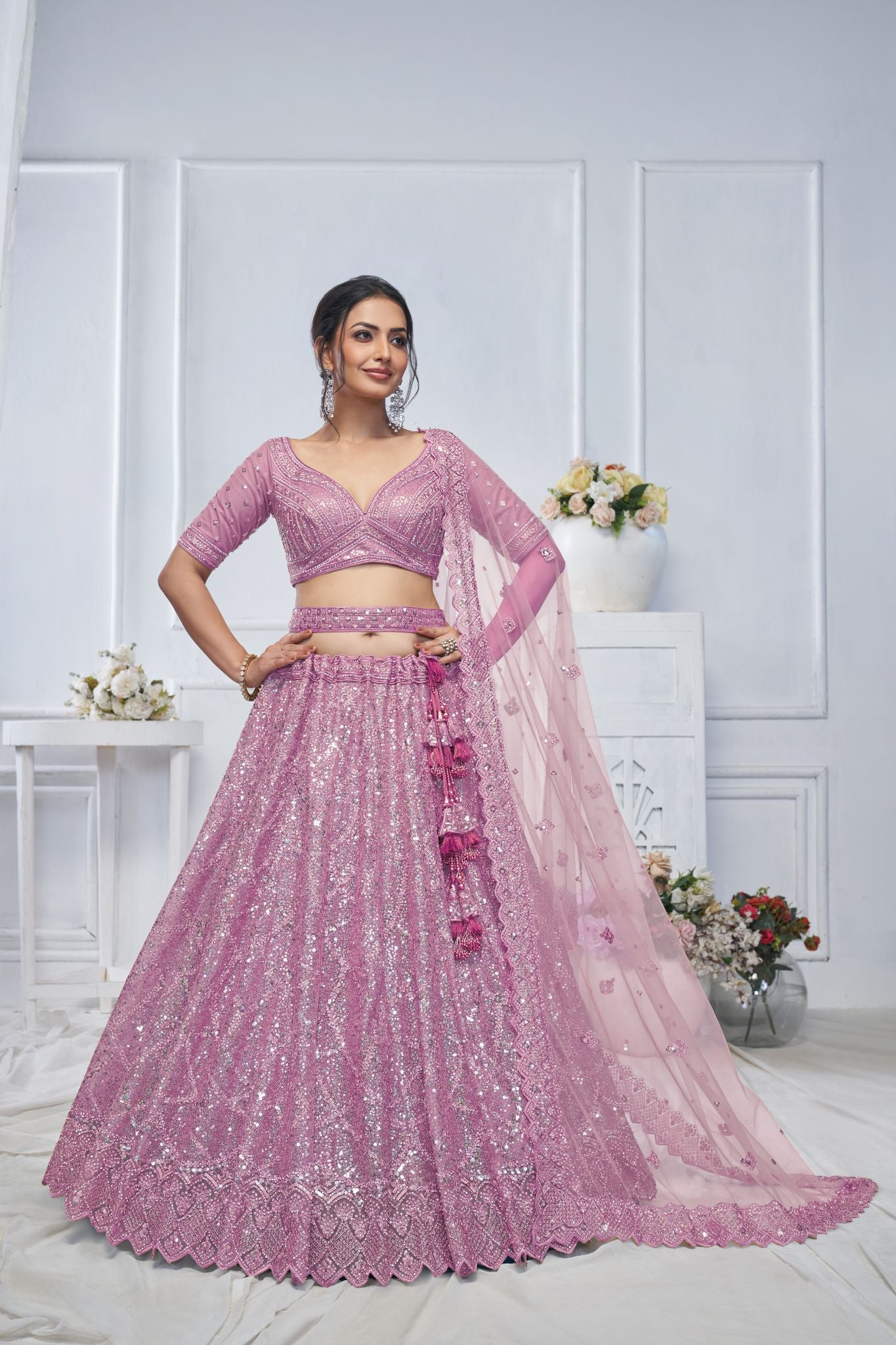Alluring Purple Sequins Net Bridesmaid Lehenga Choli With Dupatta - qivii