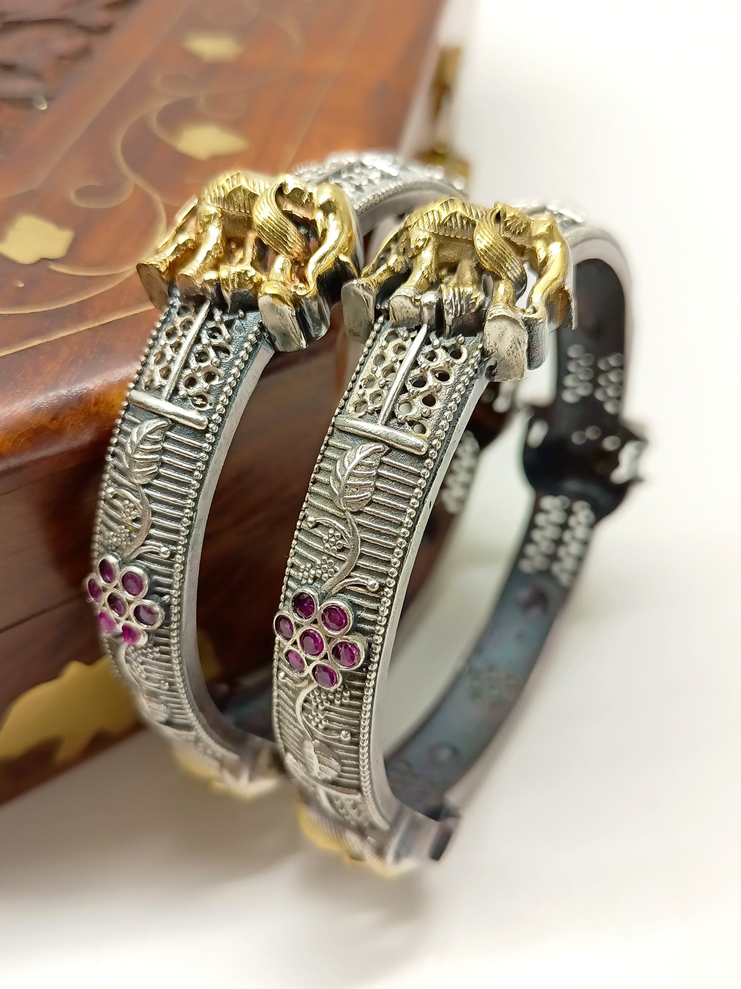 Somya Ruby Elephant Oxidized Bangle - qivii