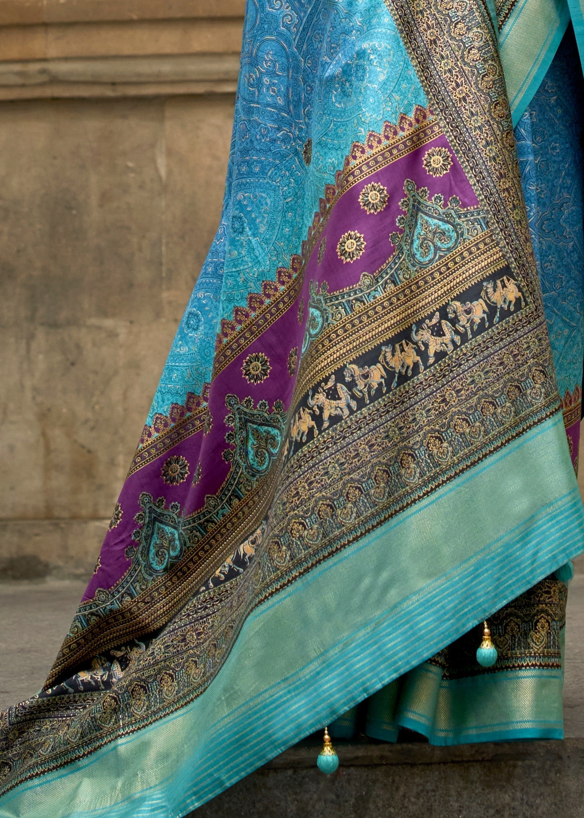 Light Blue Poly Viscose Silk Saree With Foil Print - qivii