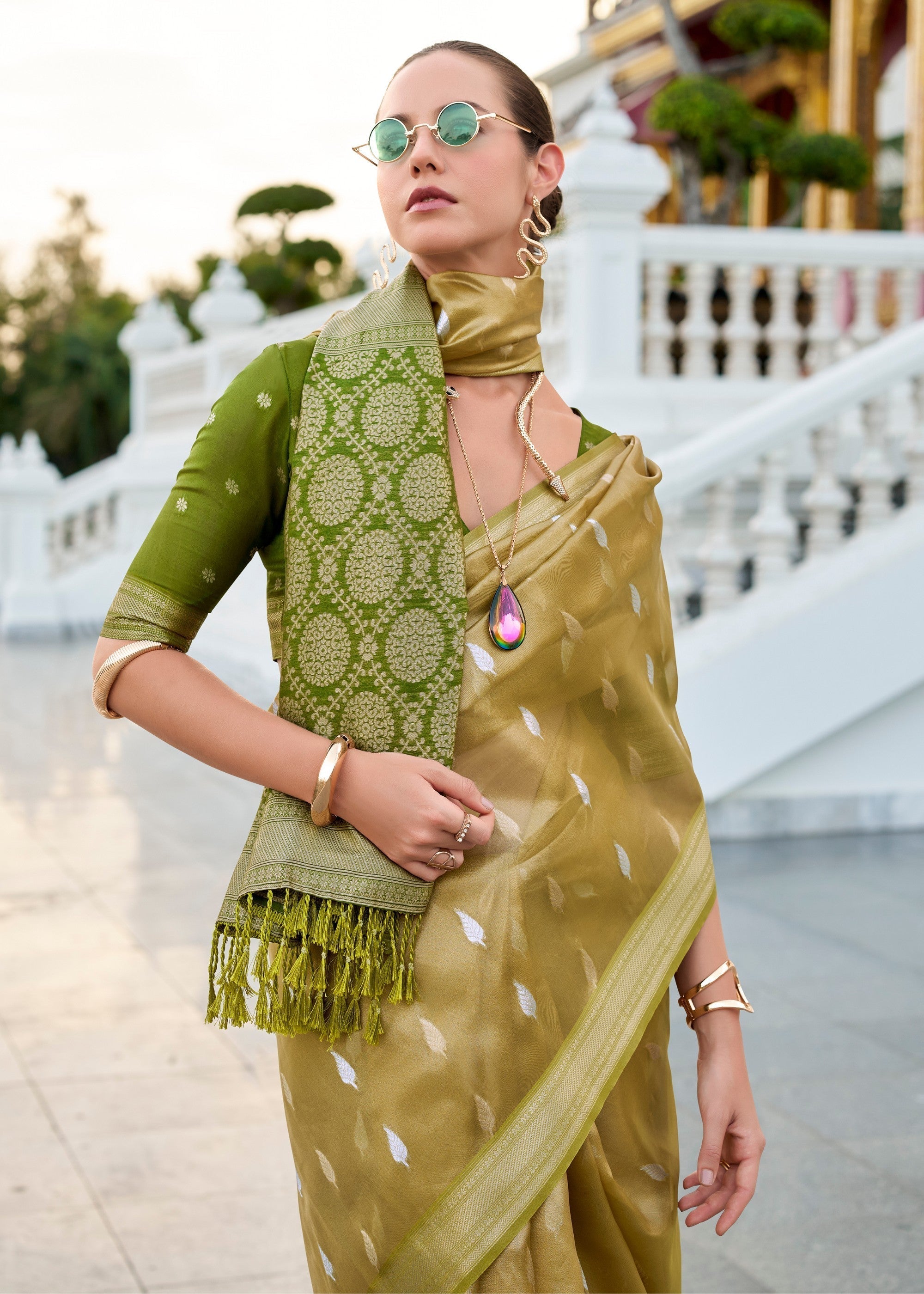 Mehendi Green Tissue Silk Saree With Zari Weaving And Contrast Blouse - qivii