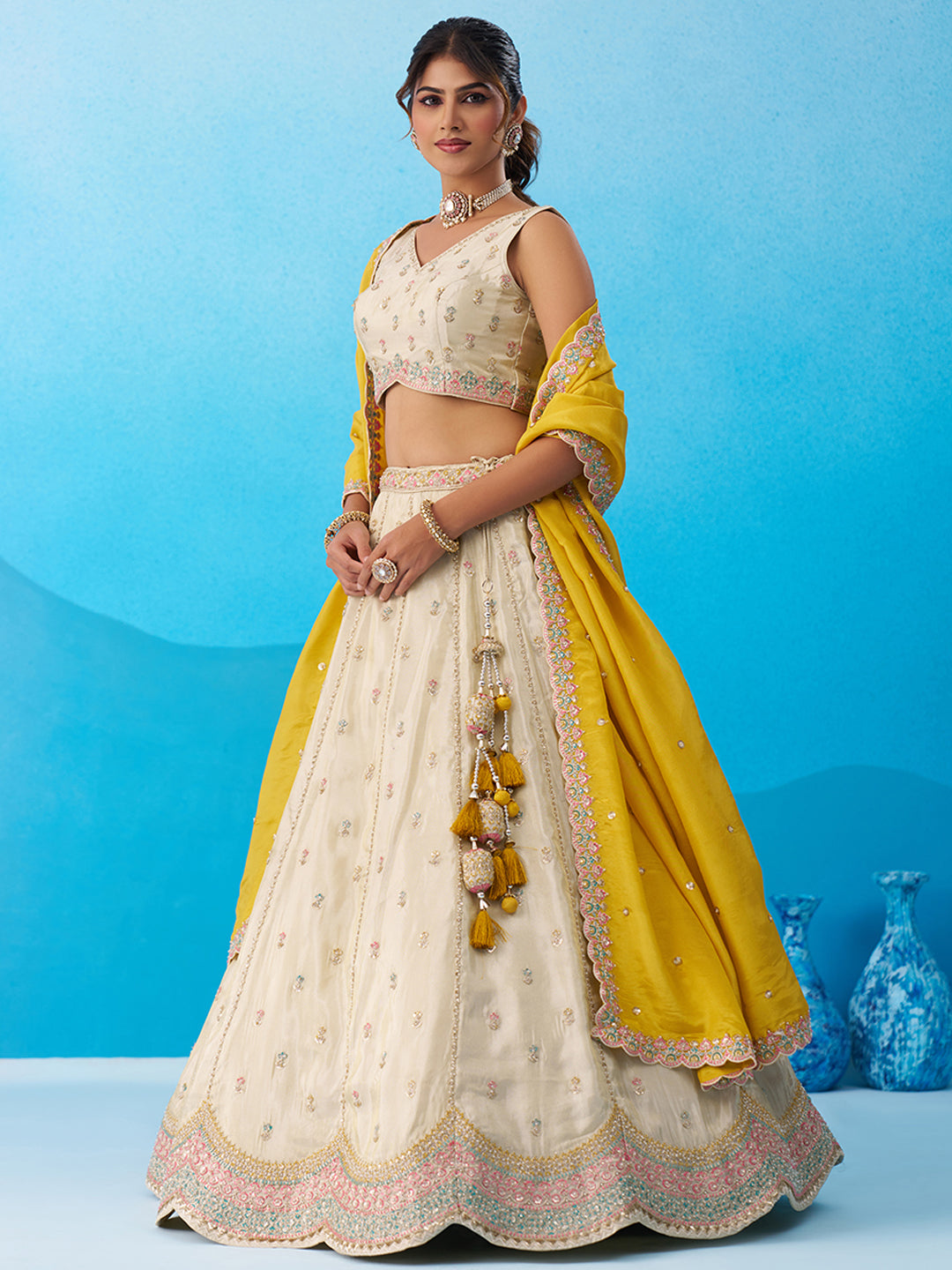 Mustard Tissue Sequins Embroidered Lehenga Set
