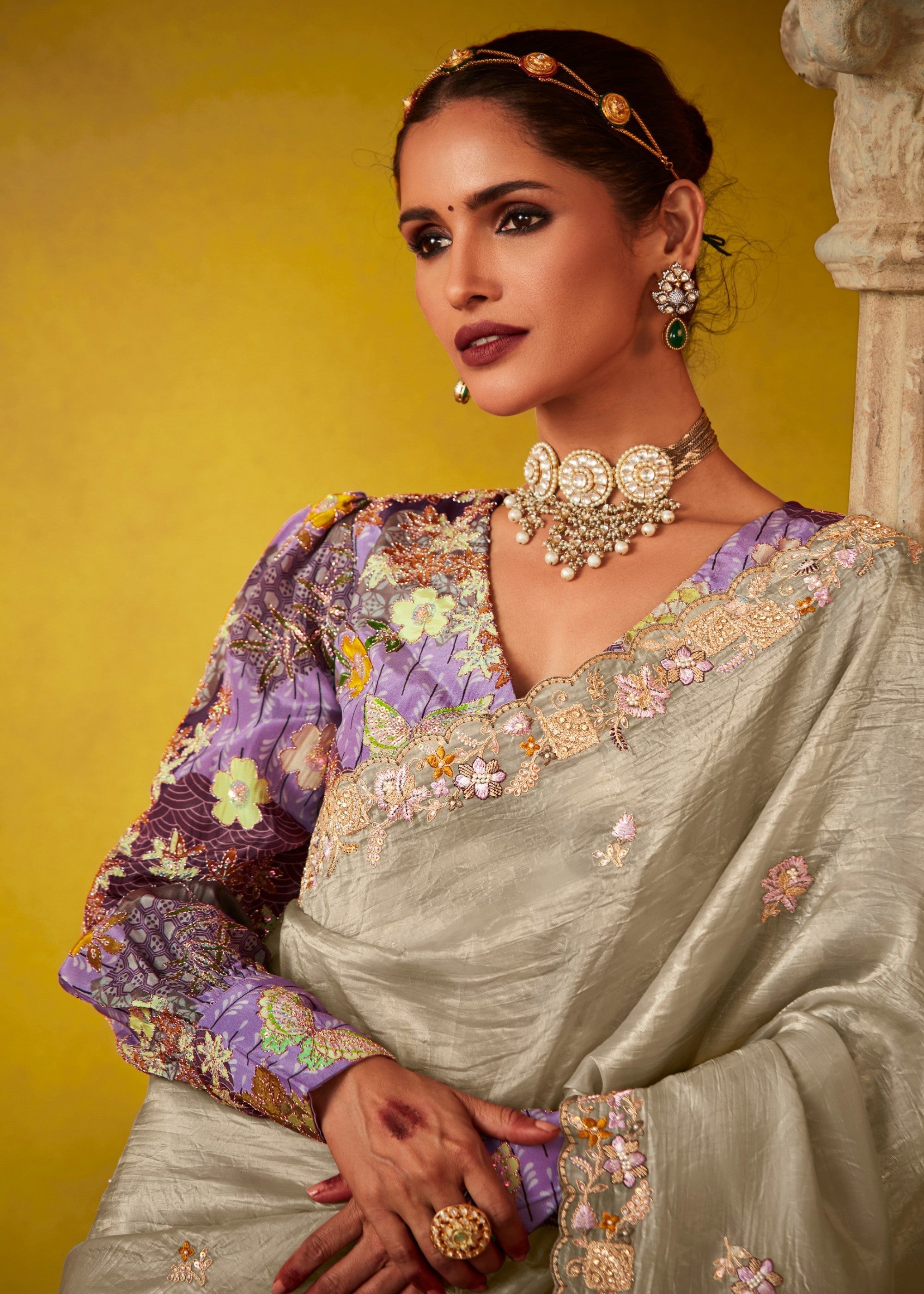 Rhino Grey Glass Tissue Silk Saree With Sequins And Thread Embroidered Work - qivii