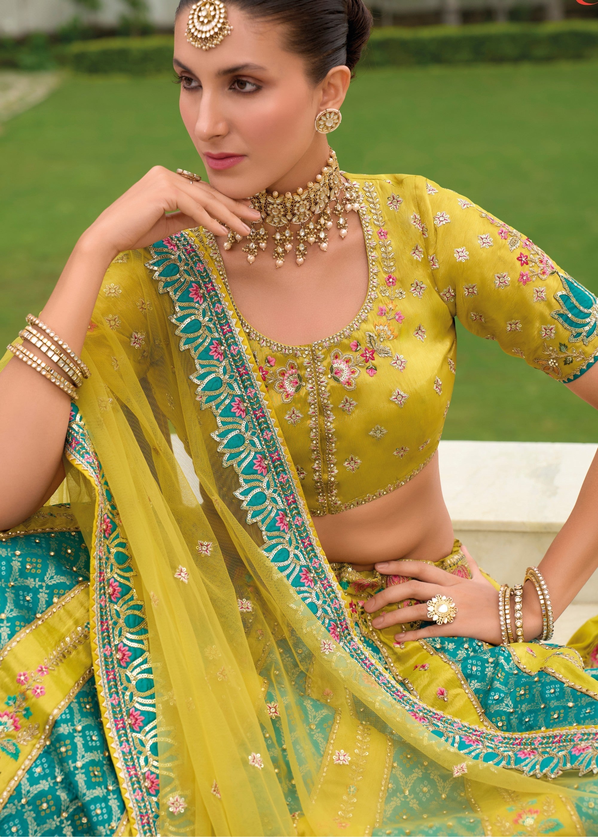 Pear Green Banarasi Silk Lehenga With Heavy Embroidery Work | Ready To Wear - qivii