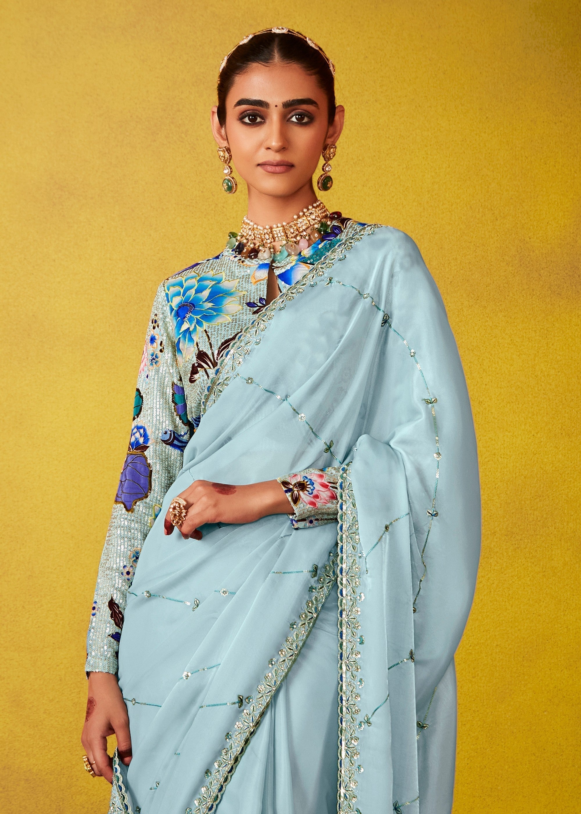 Arctic Blue Glass Tissue Silk Saree With Sequins And Thread Embroidered Work - qivii