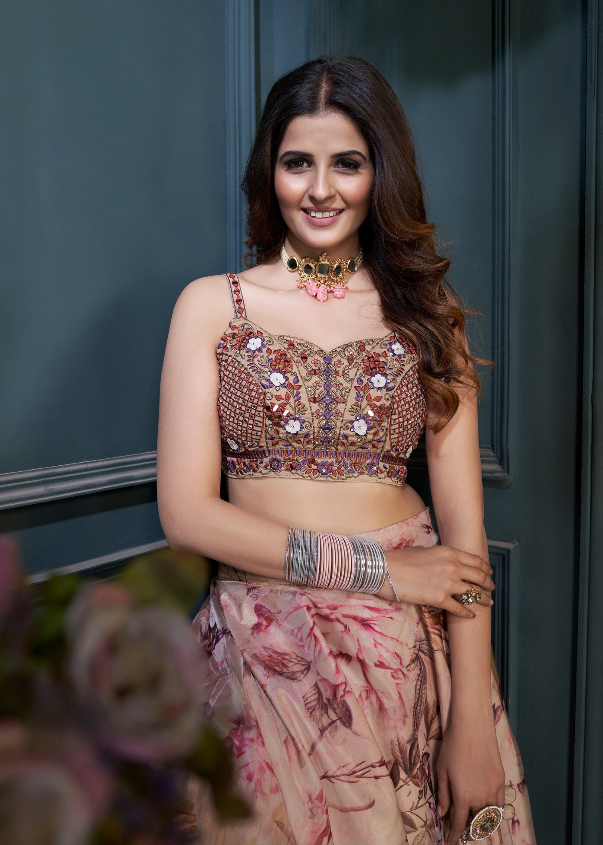 Multi Colour Digital Print and Handwork Organza Silk Lehenga | Ready To Wear - qivii