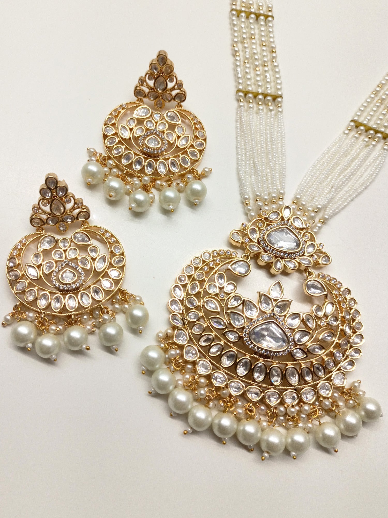 Elegant Alora White Long Kundan Necklace Set with Matching Earrings and Pearl Hanging