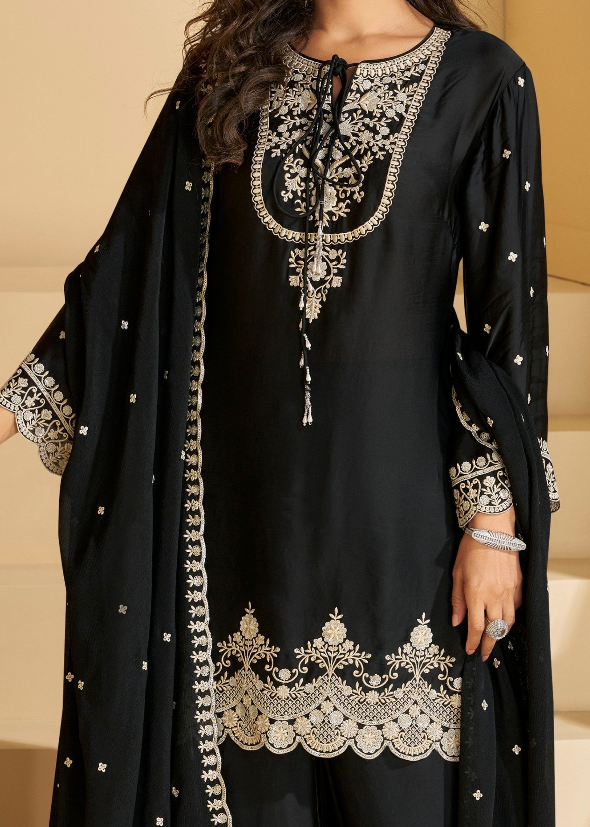 Black Premium Real Chinnon Silk Heavy Look Salwar Suit - qivii