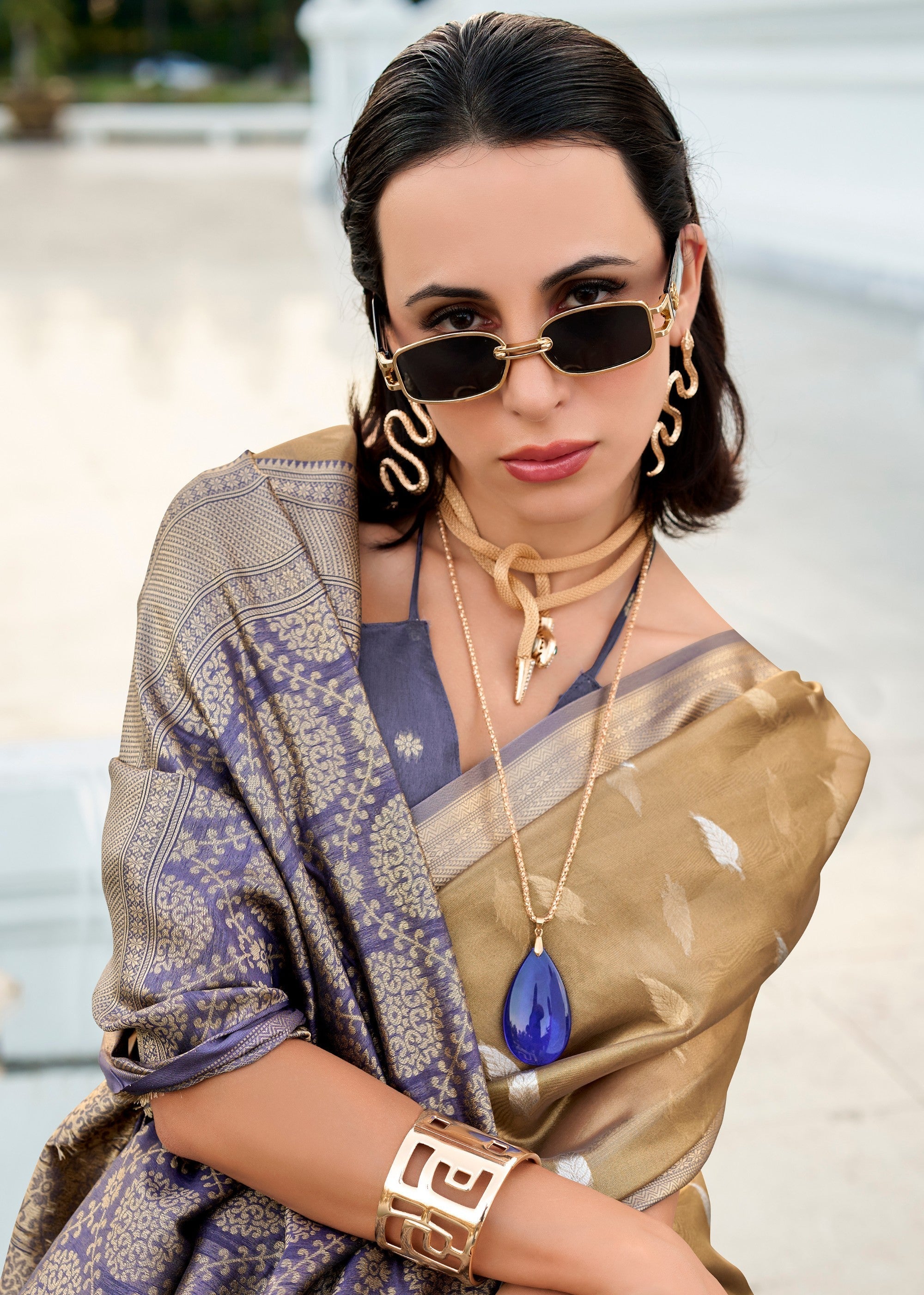 Sand Brown & Blue Tissue Silk Saree With Zari Weaving And Contrast Blouse - qivii