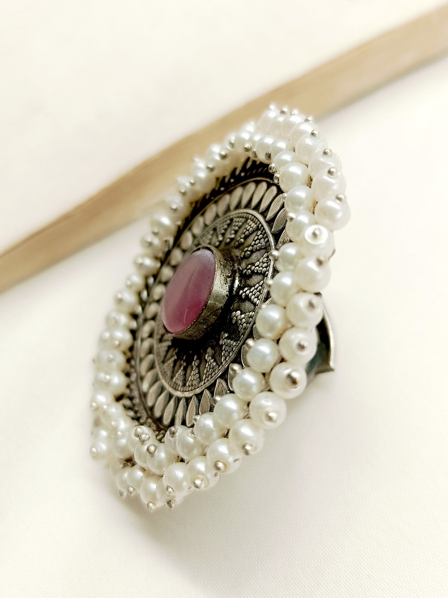 Shireen Baby Pink Oxidized Finger Ring - qivii