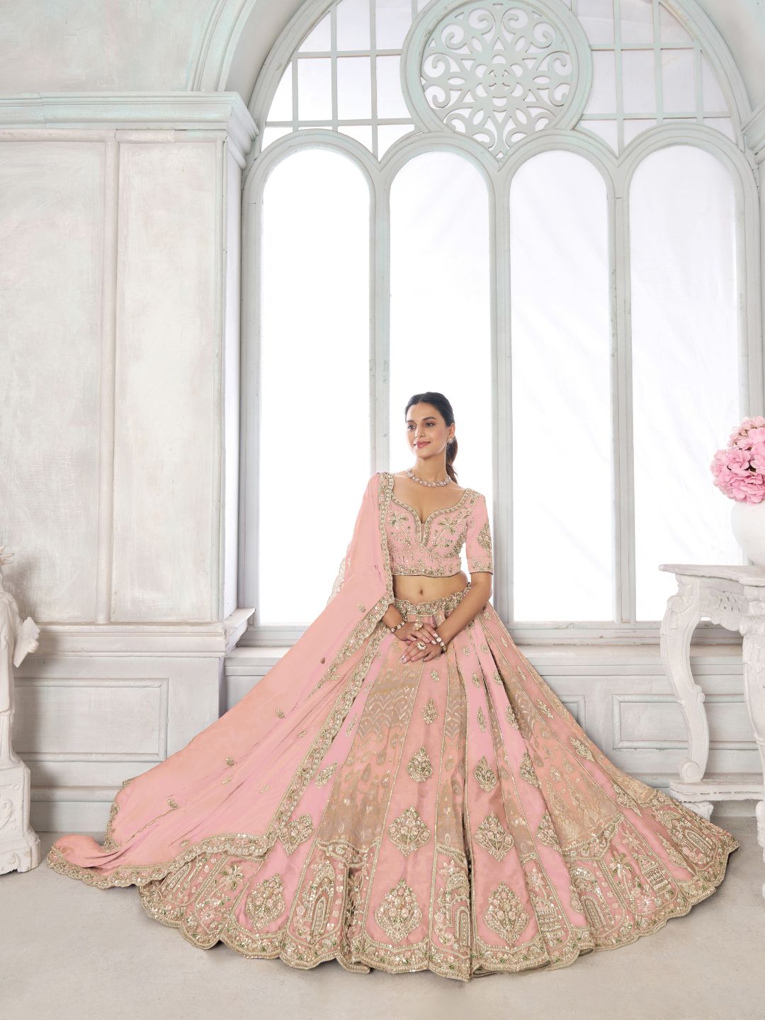Designer Pink Raw Silk Lehenga with Intricate Embroidered Detailing