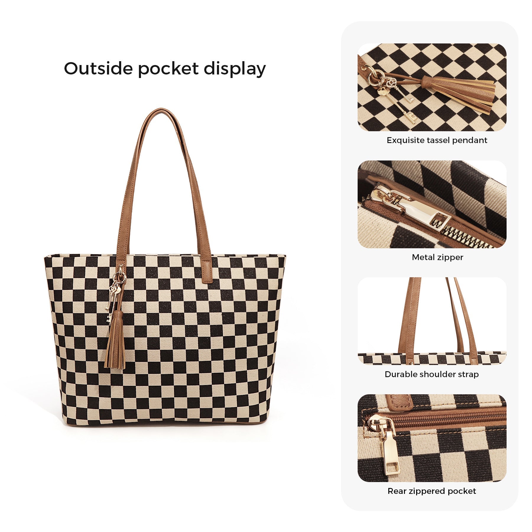 Ounamei Checkered Tote Bag for Women | Large Laptop Work Bag with Matching Pouch, Top Handle & Shoulder Carry