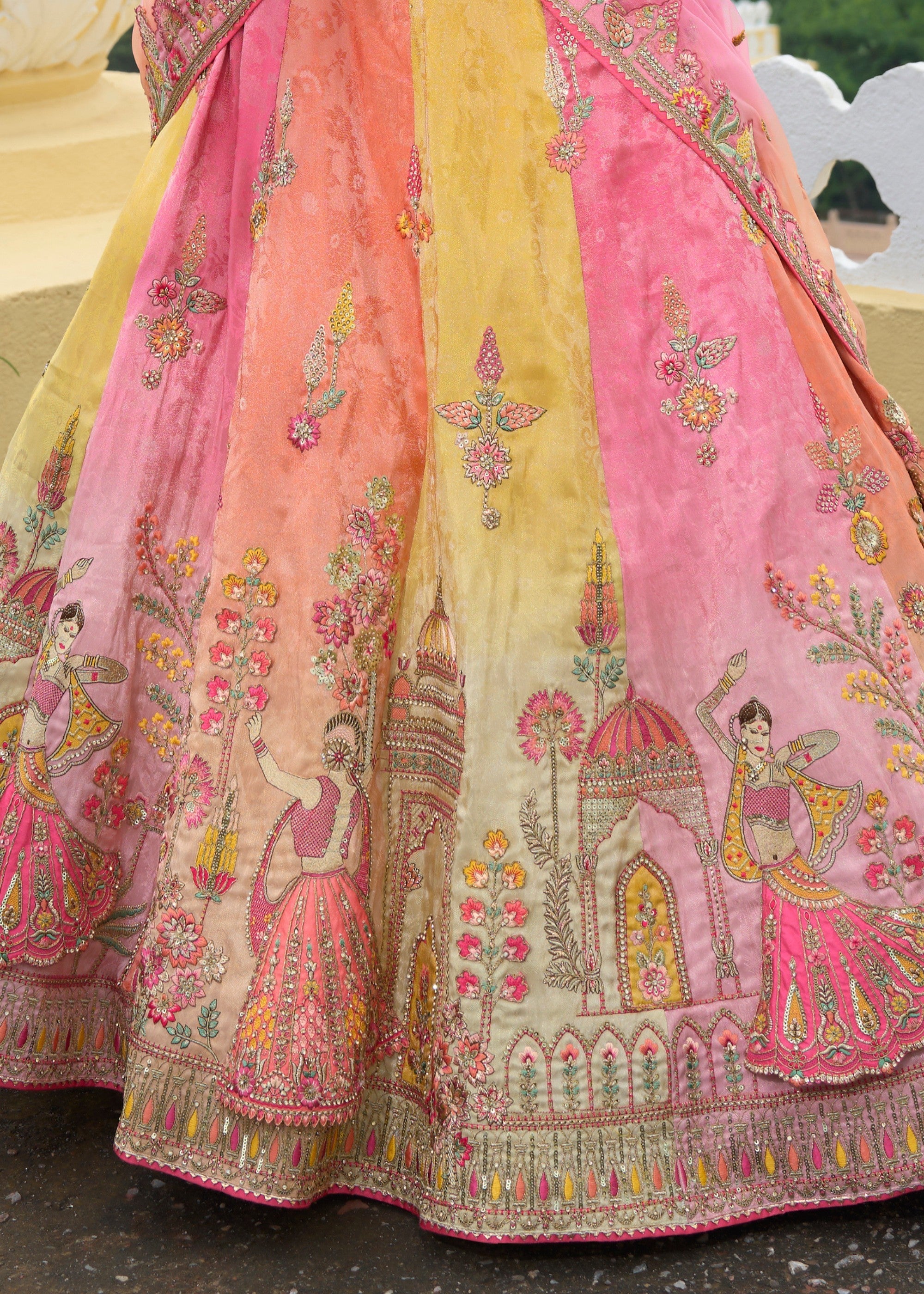 Multicolored Banarasi Silk Lehenga With Heavy Embroidery Work | Ready To Wear - qivii