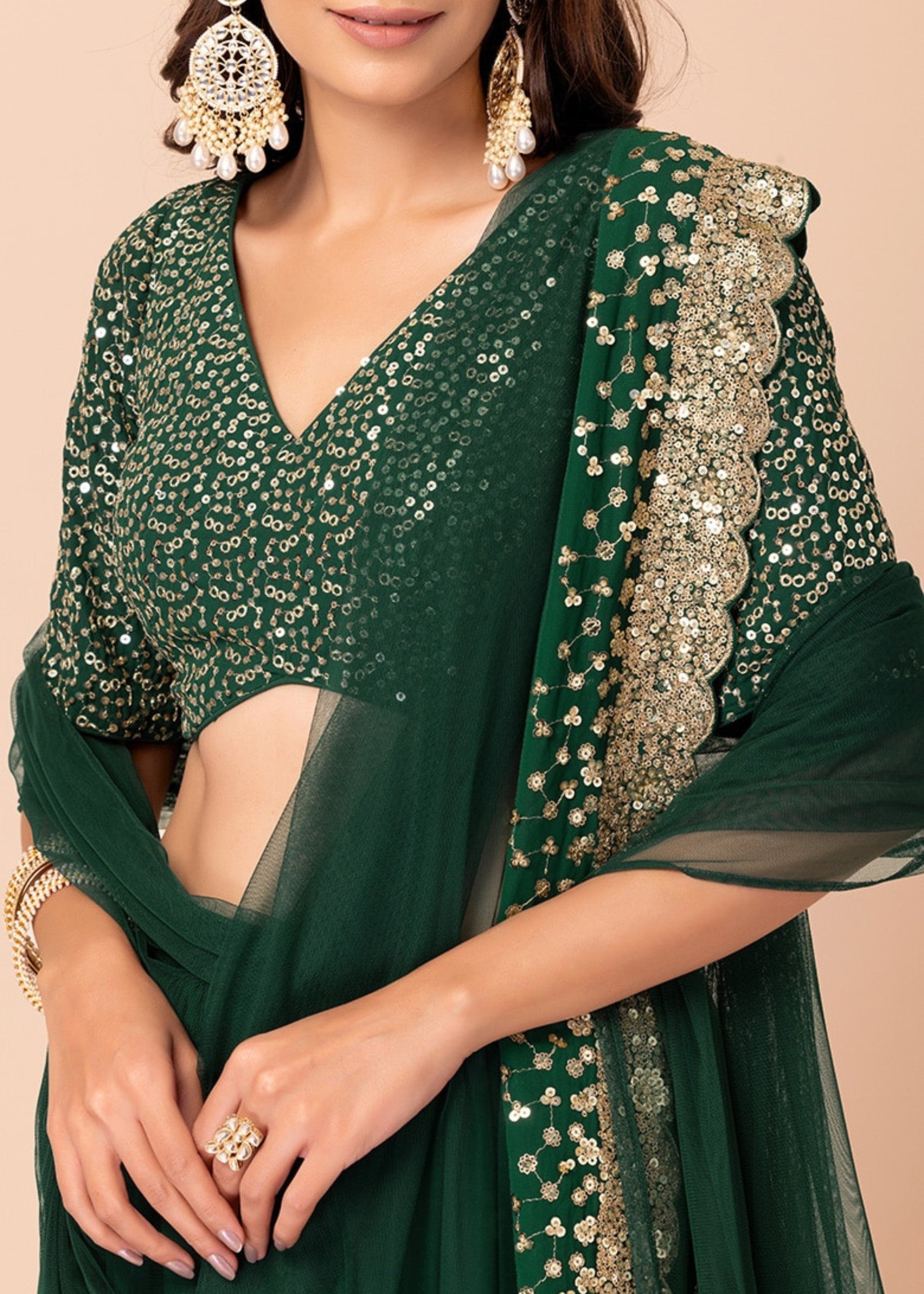 Hunter Green Georgette Lehenga Choli With Sequins And Thread Embroidery Work | Ready To Wear - qivii