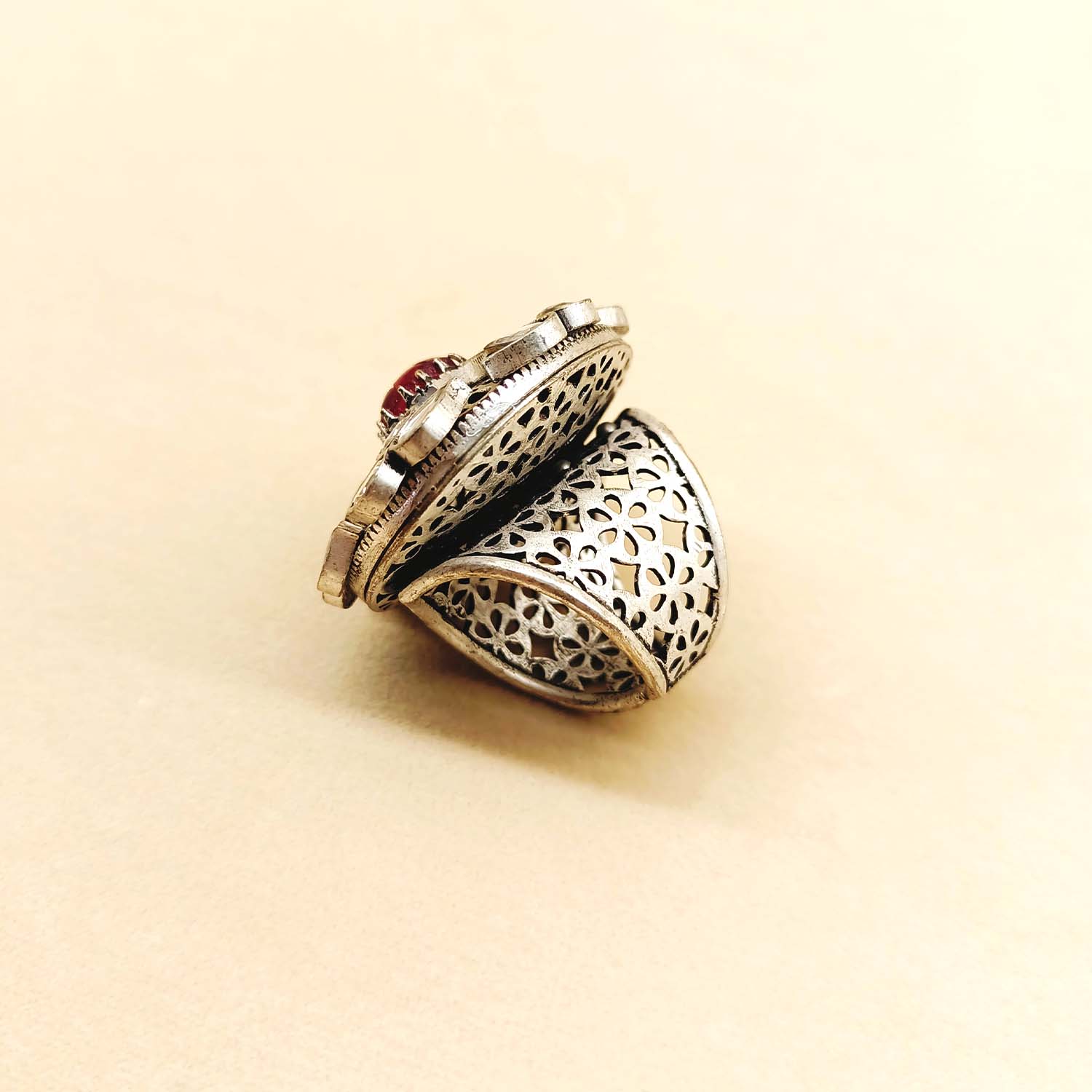 Indira Rose Pink Stone Oxidized Silver Boutique Ring - qivii