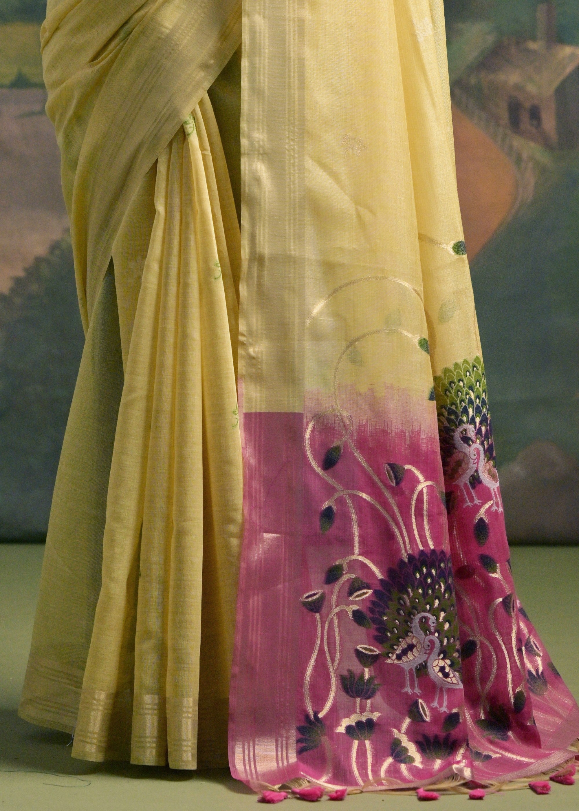 Lemon Yellow Thread Woven Cotton Saree With Contrast Blouse And Pallu - qivii