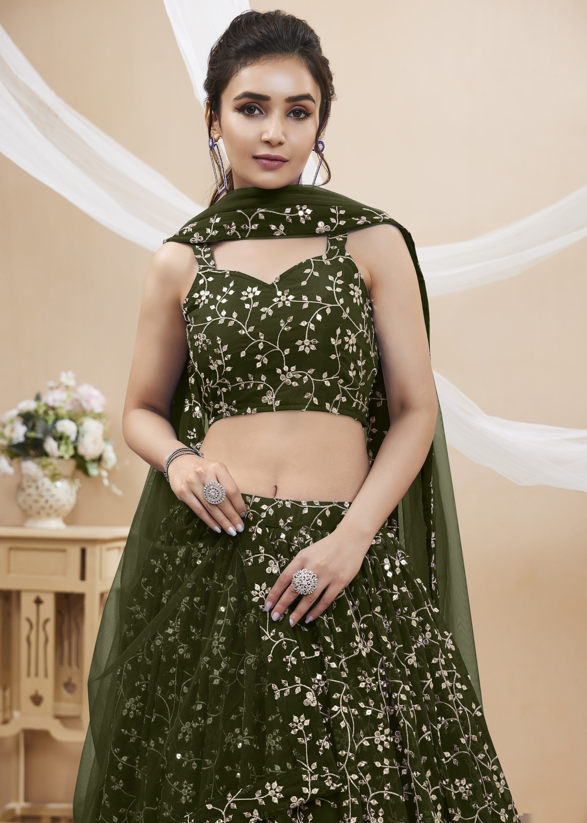 Mehendi Green Georgette Lehenga Choli With Sequins Zari Embroidered Work | Ready To Wear - qivii