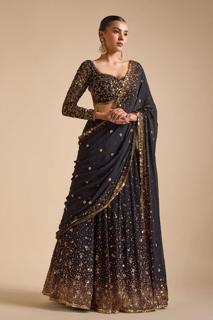 Black Premium Georgette Embellished With Beautiful Embroidery Work , Heavy Sequins Work Lehenga - INSPIRED | Ready To Wear - qivii