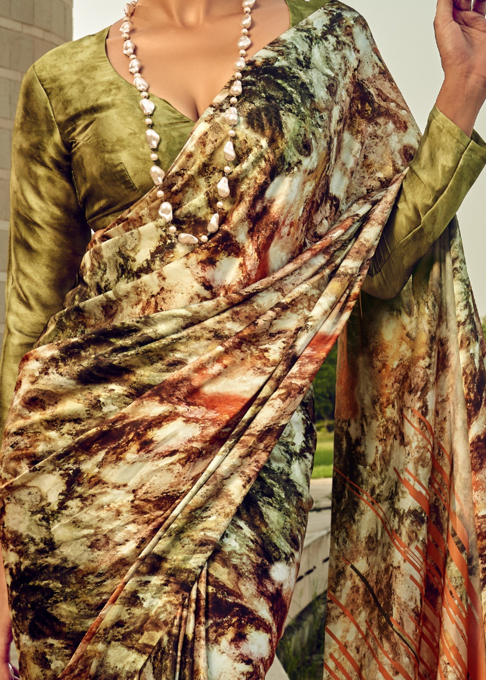 Green Satin Digital Printed Saree - qivii