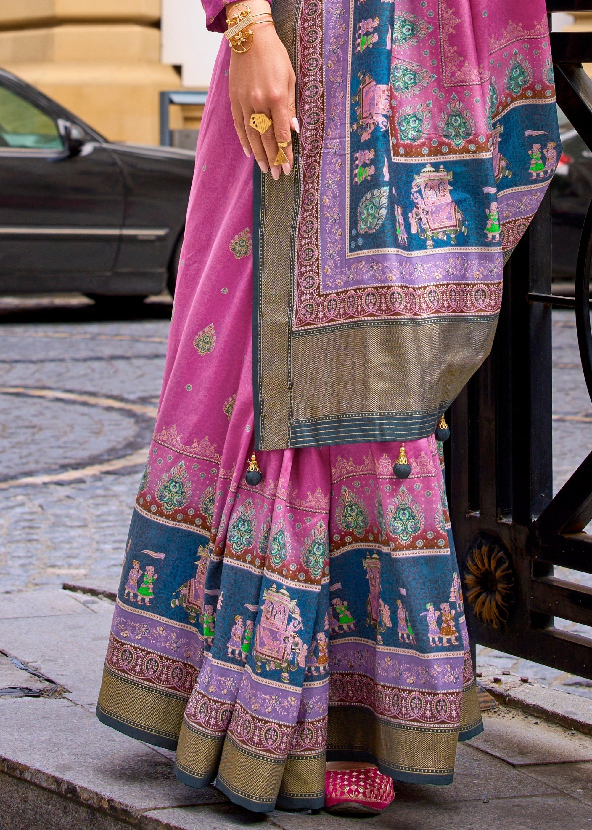 Shocking Pink Poly Viscose Silk Saree With Foil Print - qivii