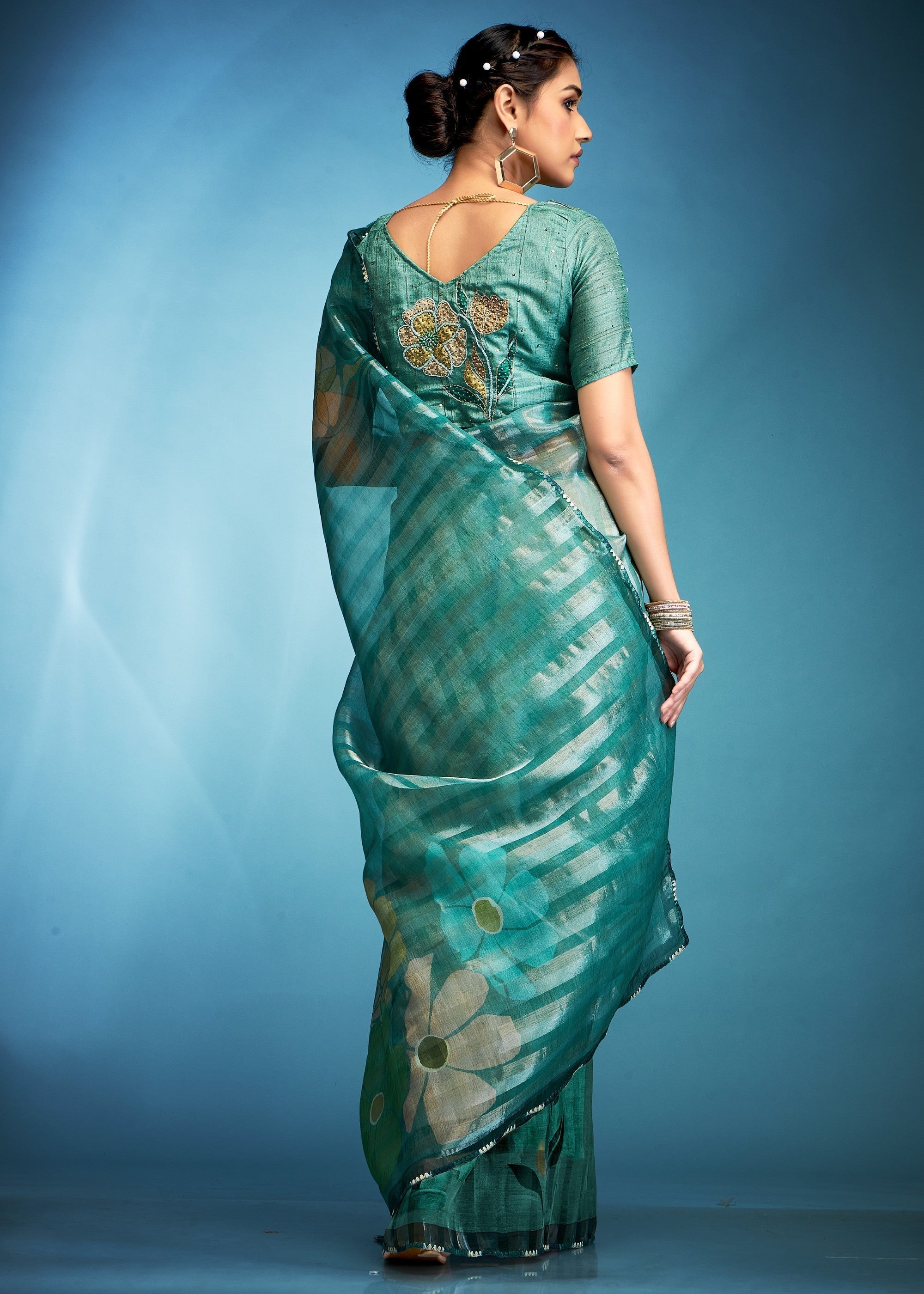 Jade Green Tissue Silk Saree With Floral Print - qivii