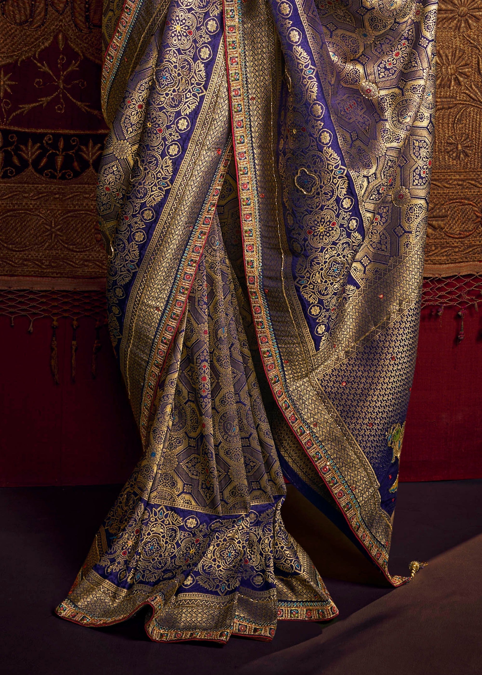 Royal Blue Pure Viscose Dola Silk Saree With Handwork On Blouse And Pallu - qivii