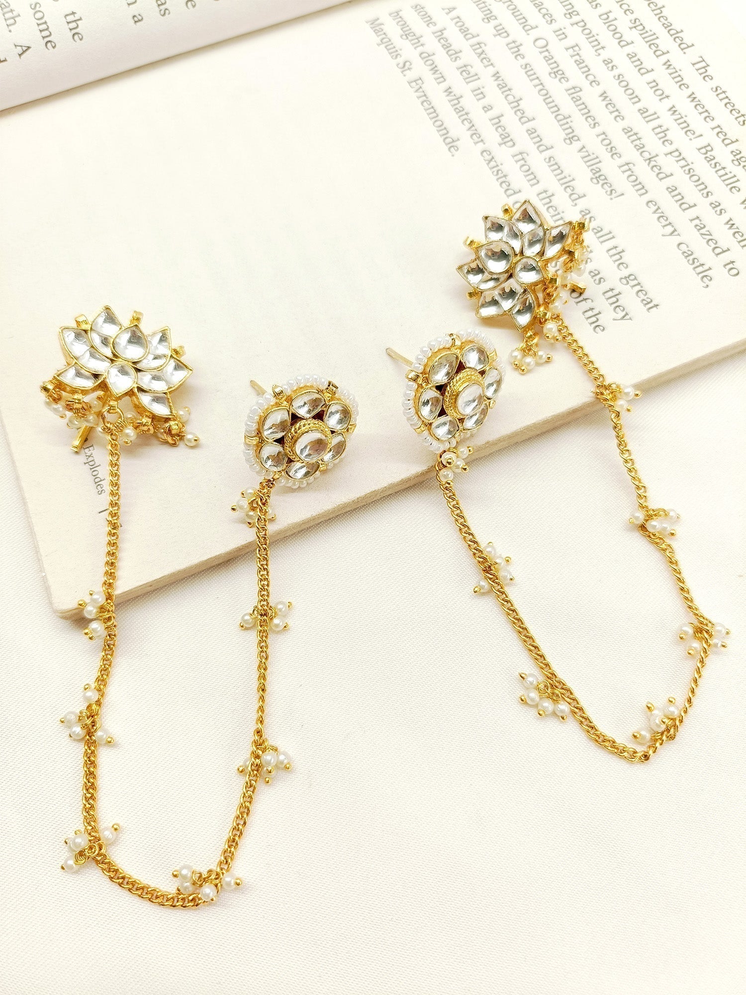 Shivranjani White Kundan Earrings With Chain crafted with traditional techniques, featuring gold plated brass metal and delicate pearl