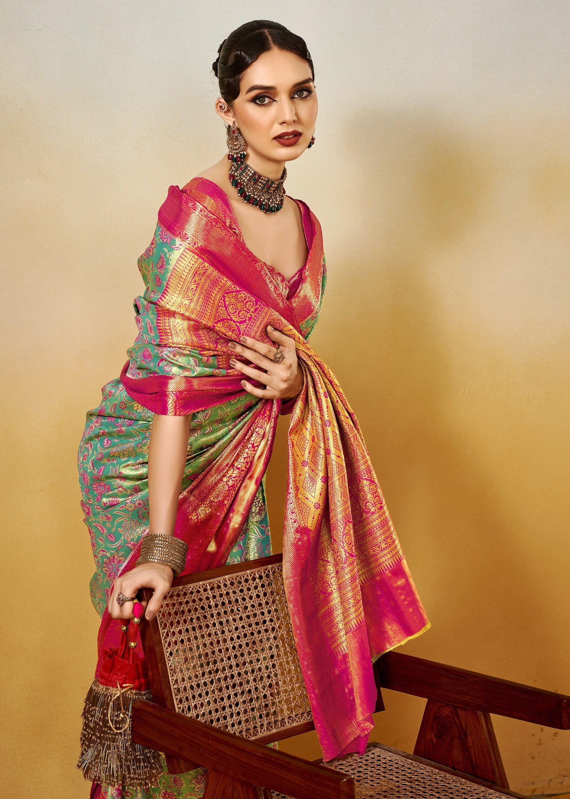 Pink and Green Handloom Dharamavaram Silk Saree - qivii