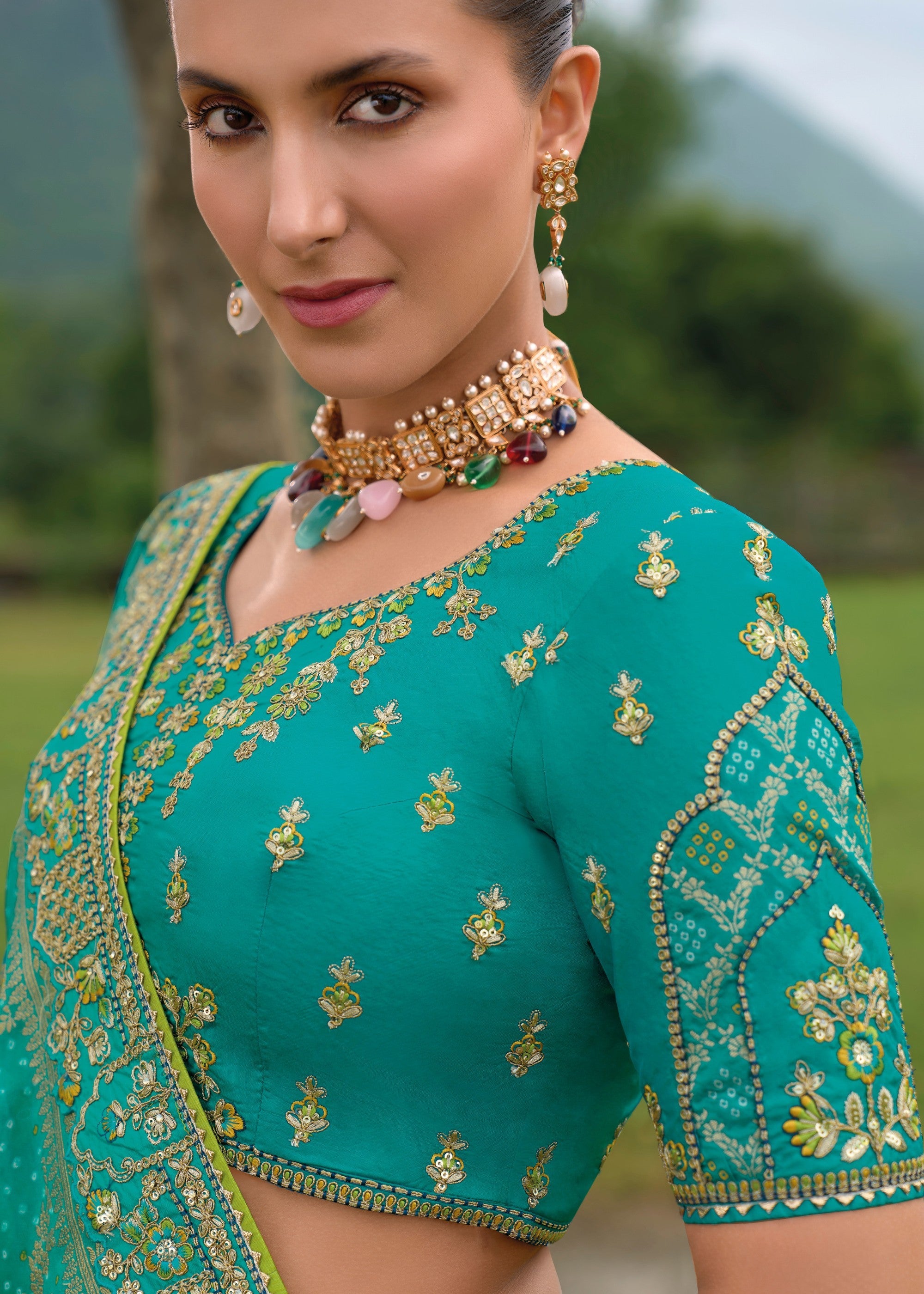 Teal Blue Banarasi Silk Lehenga With Heavy Embroidery Work | Ready To Wear - qivii
