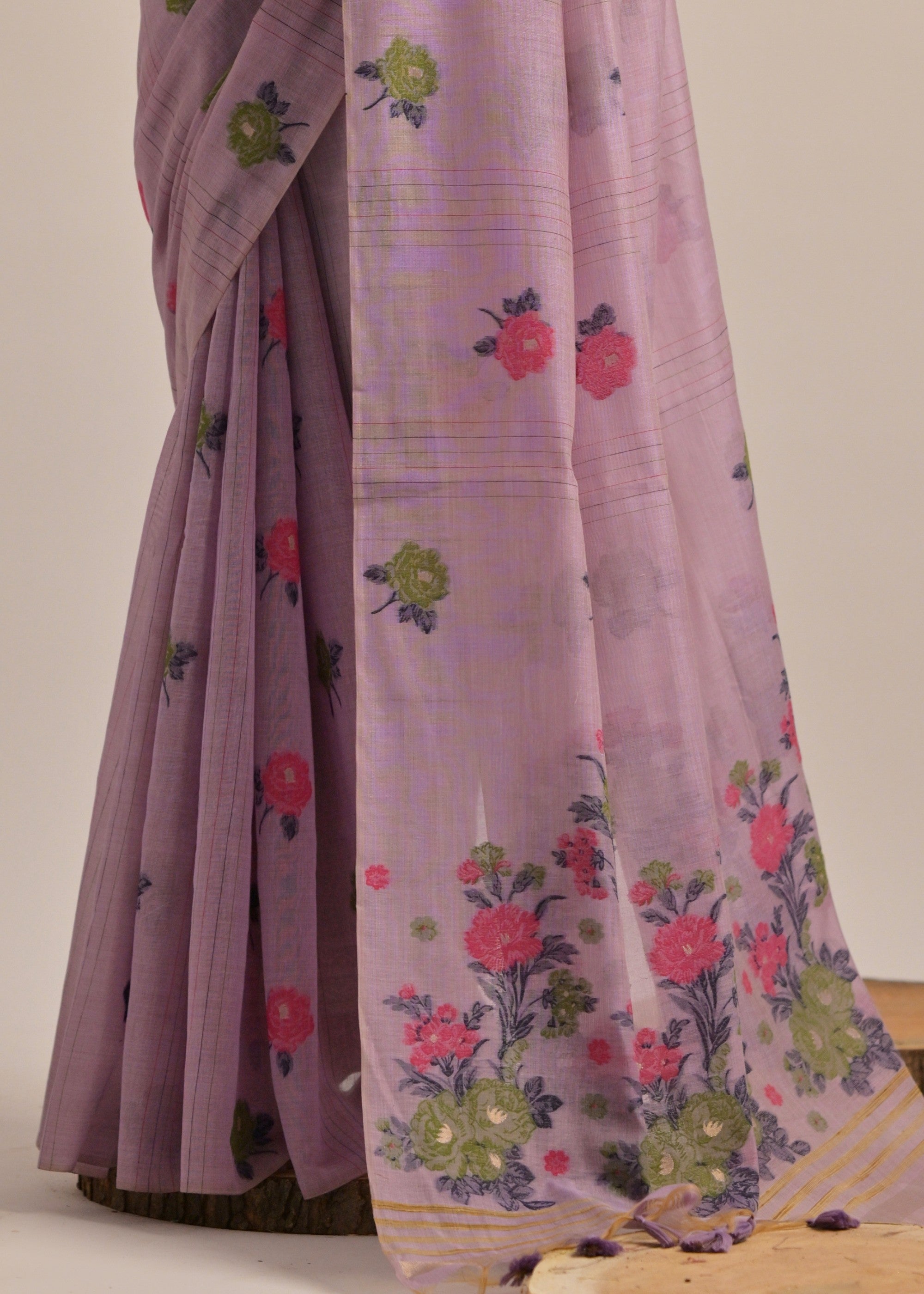 Thistle Purple Thread Woven Cotton Saree With Contrast Blouse - qivii