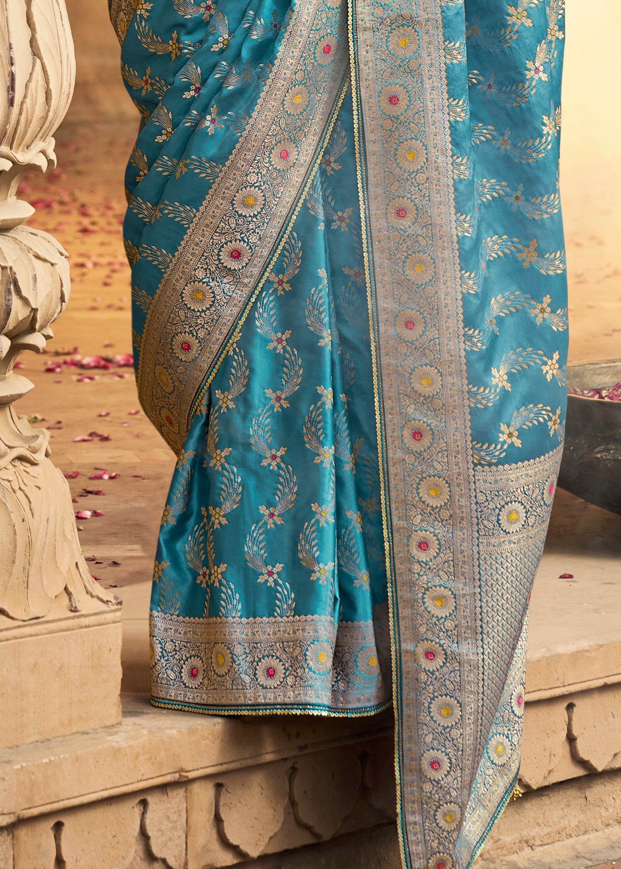 Capri Blue Satin Silk Saree With Beautiful Lace Border And Heavy Designer Embroidered Blouse - qivii