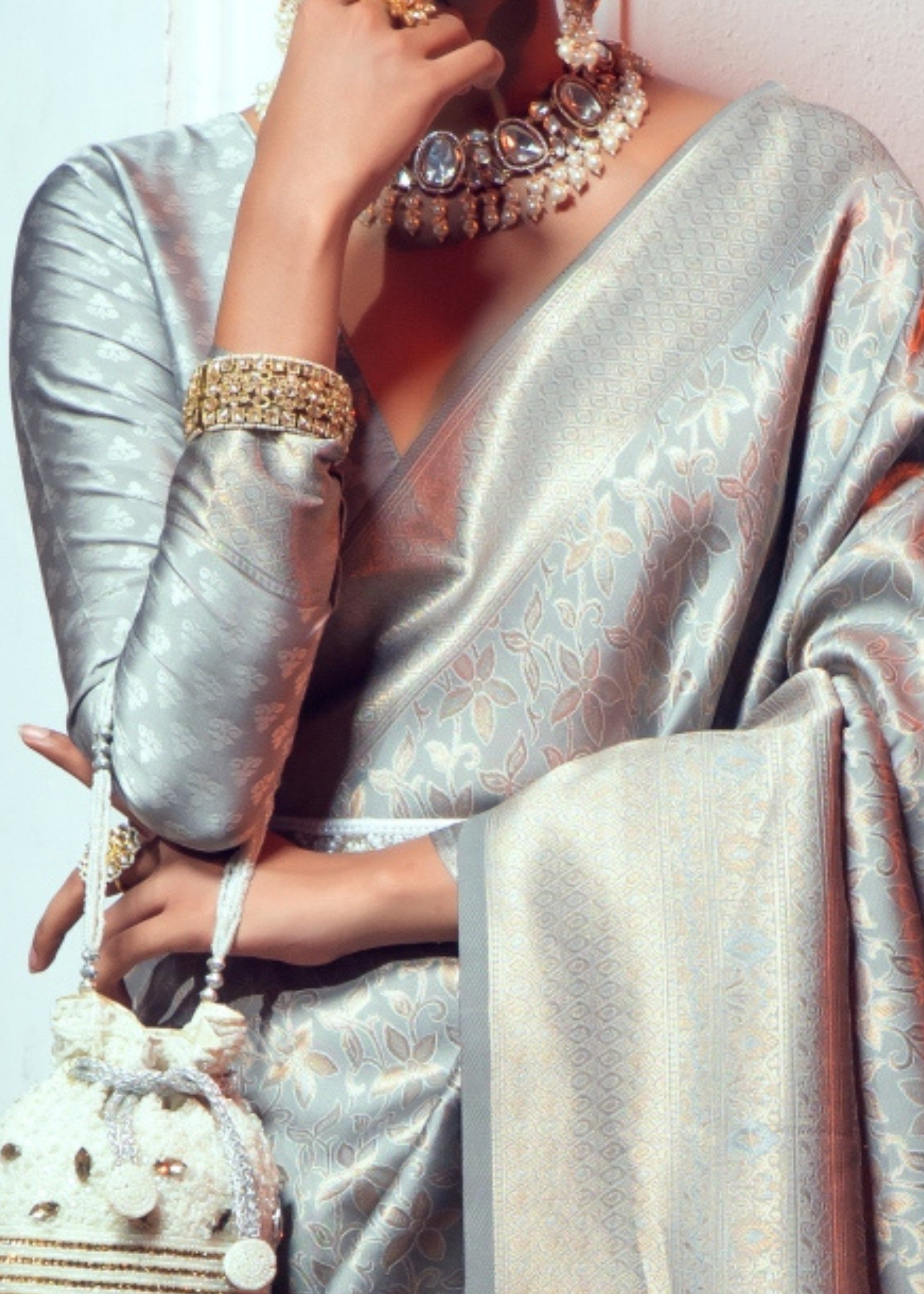 Coin Grey Zari Woven Silk Saree - qivii