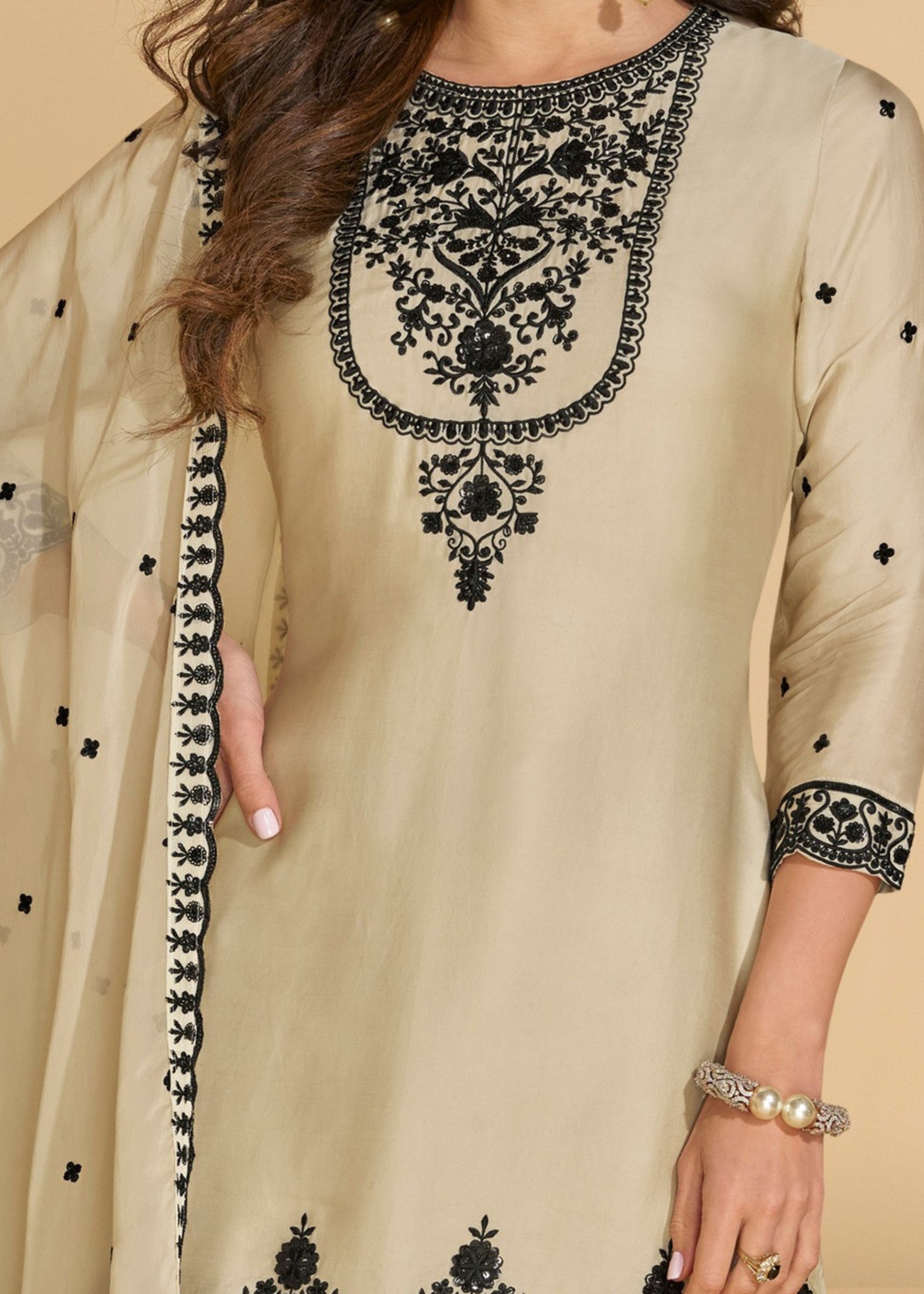 Creamy White Premium Real Chinnon Silk Heavy Look Salwar Suit - qivii