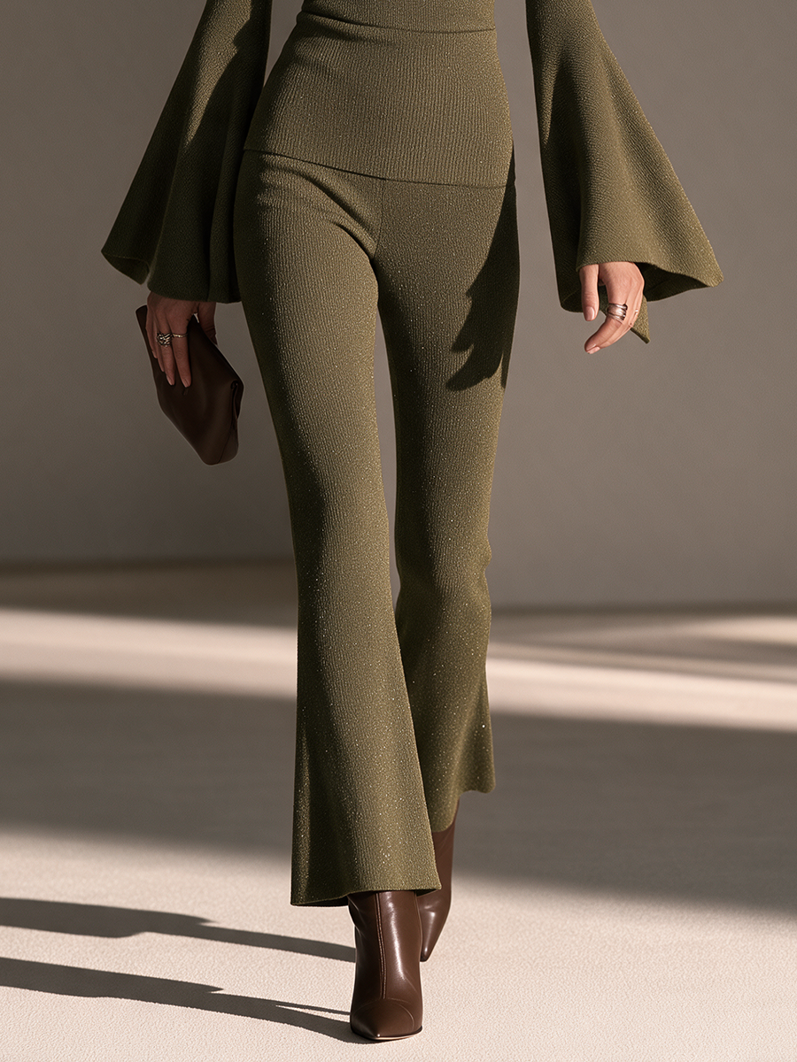 Women's Round-Neck Keyhole Flare-Sleeve Slim Top And Flare Pants Set MDZ2837H3CMX