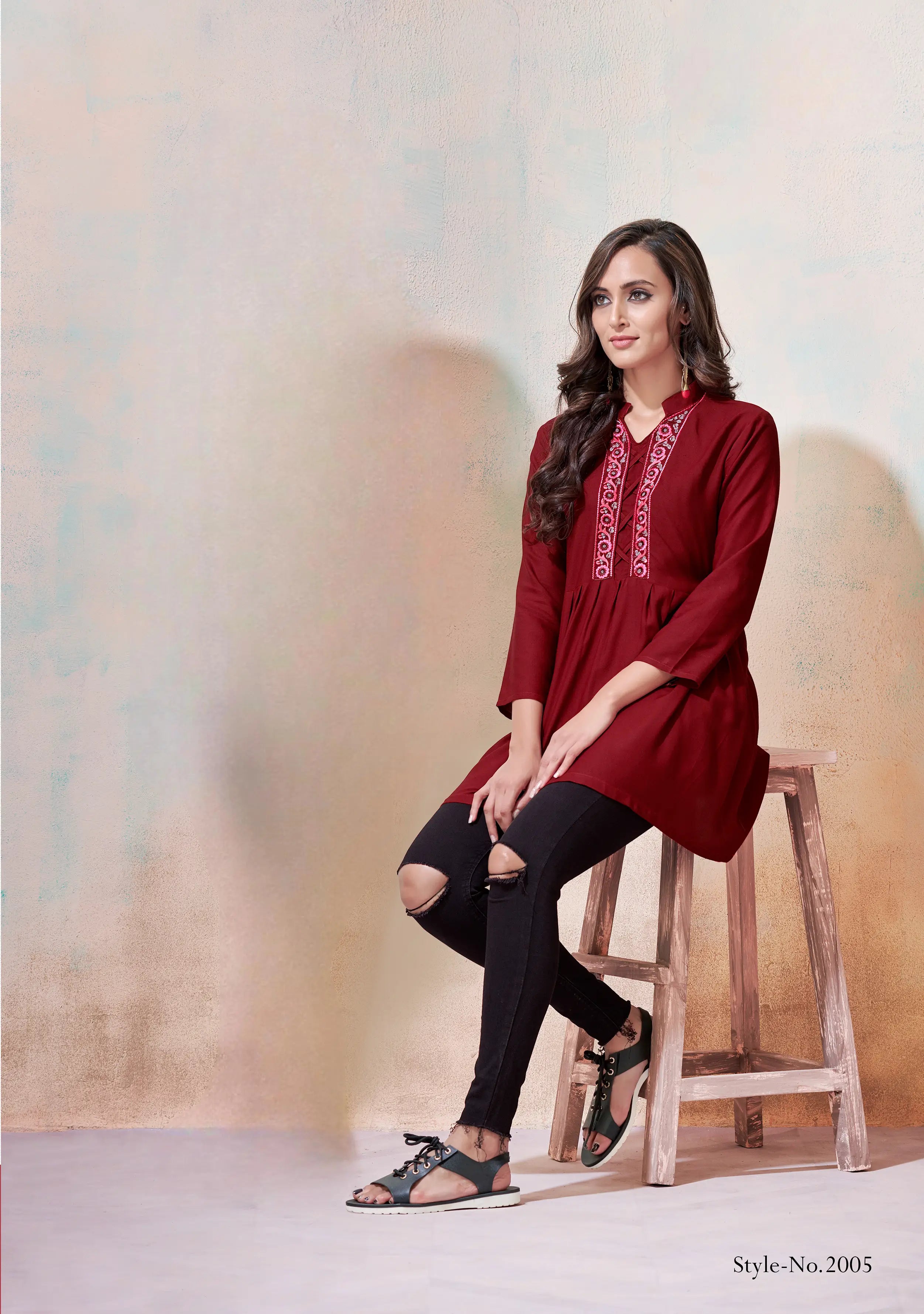 Cherry Red Rayon Short Kurti With Embroidery Work - qivii