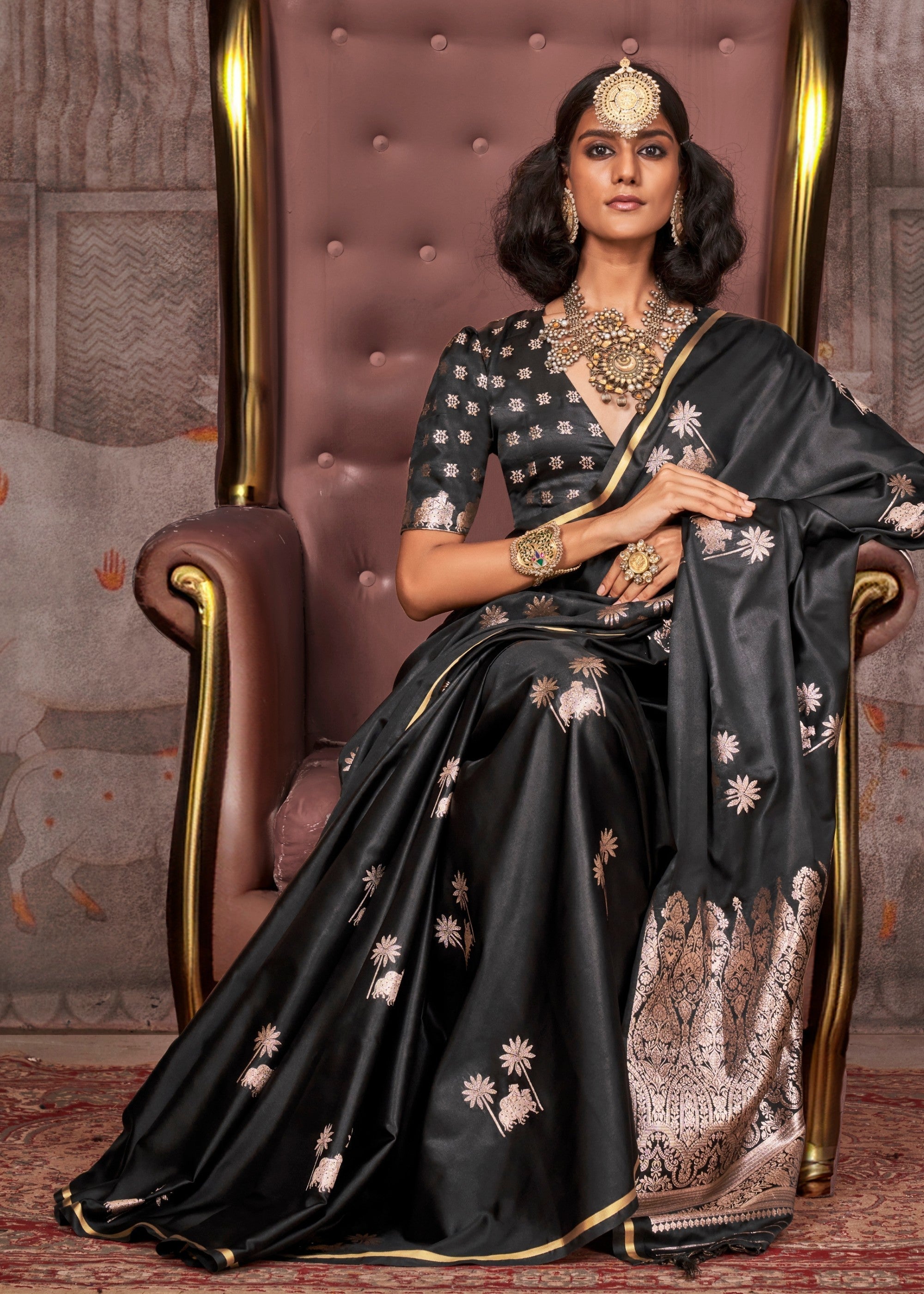 Black Pure Satin Handloom Weaving Silk Saree - qivii
