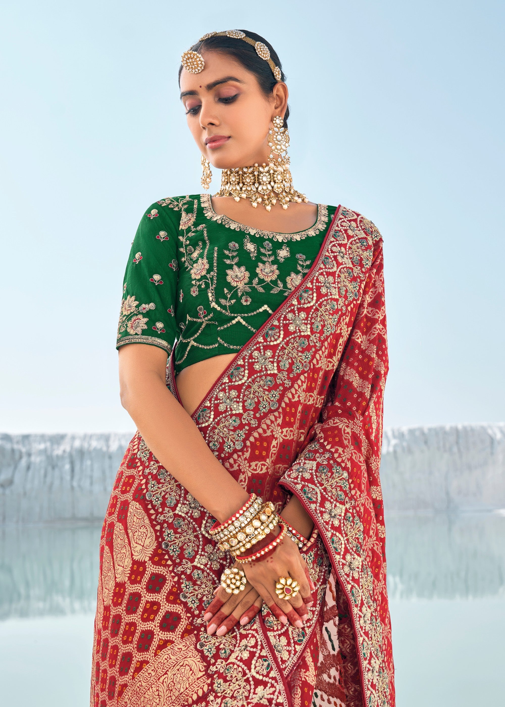 Maroon Pure Georgette Bandhani Patola With Zari Weaving Heavy Work Saree - qivii