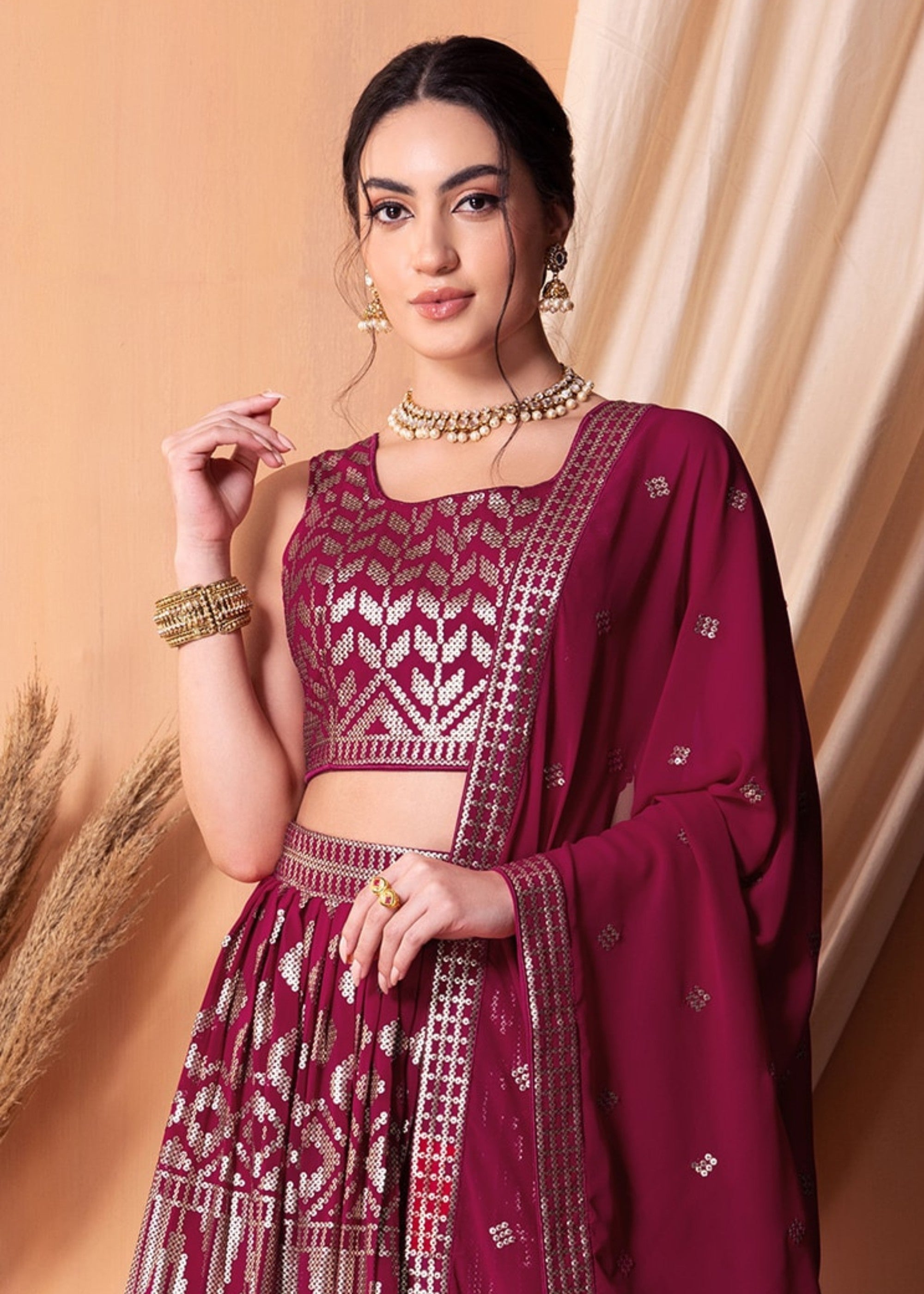 Ruby Pink Georgette Lehenga Choli With Sequins And Thread Embroidery Work | Ready To Wear - qivii