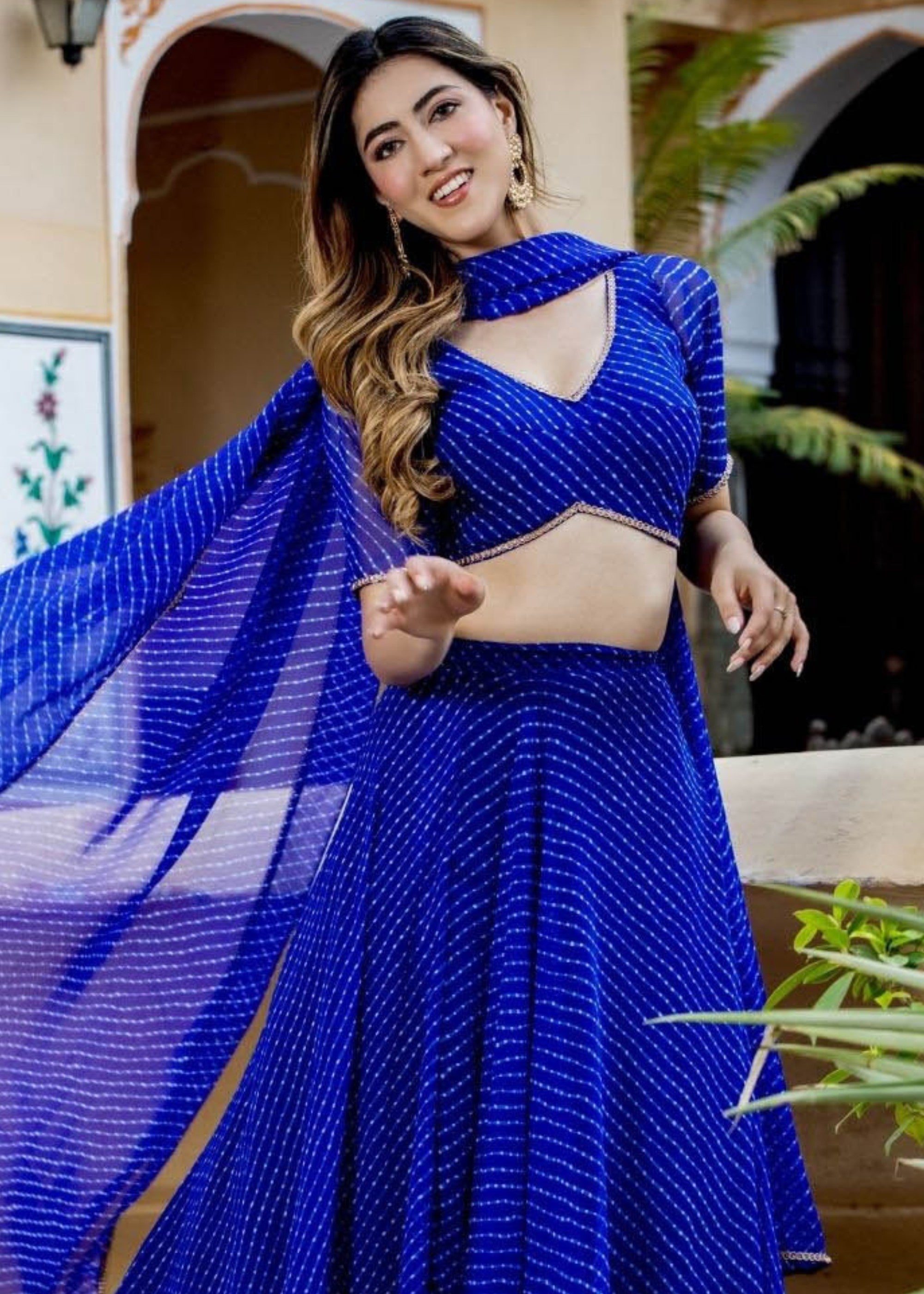 Azure Blue Georgette Leheriya Print Lehenga With Zari And Lace Work | Ready To Wear - qivii