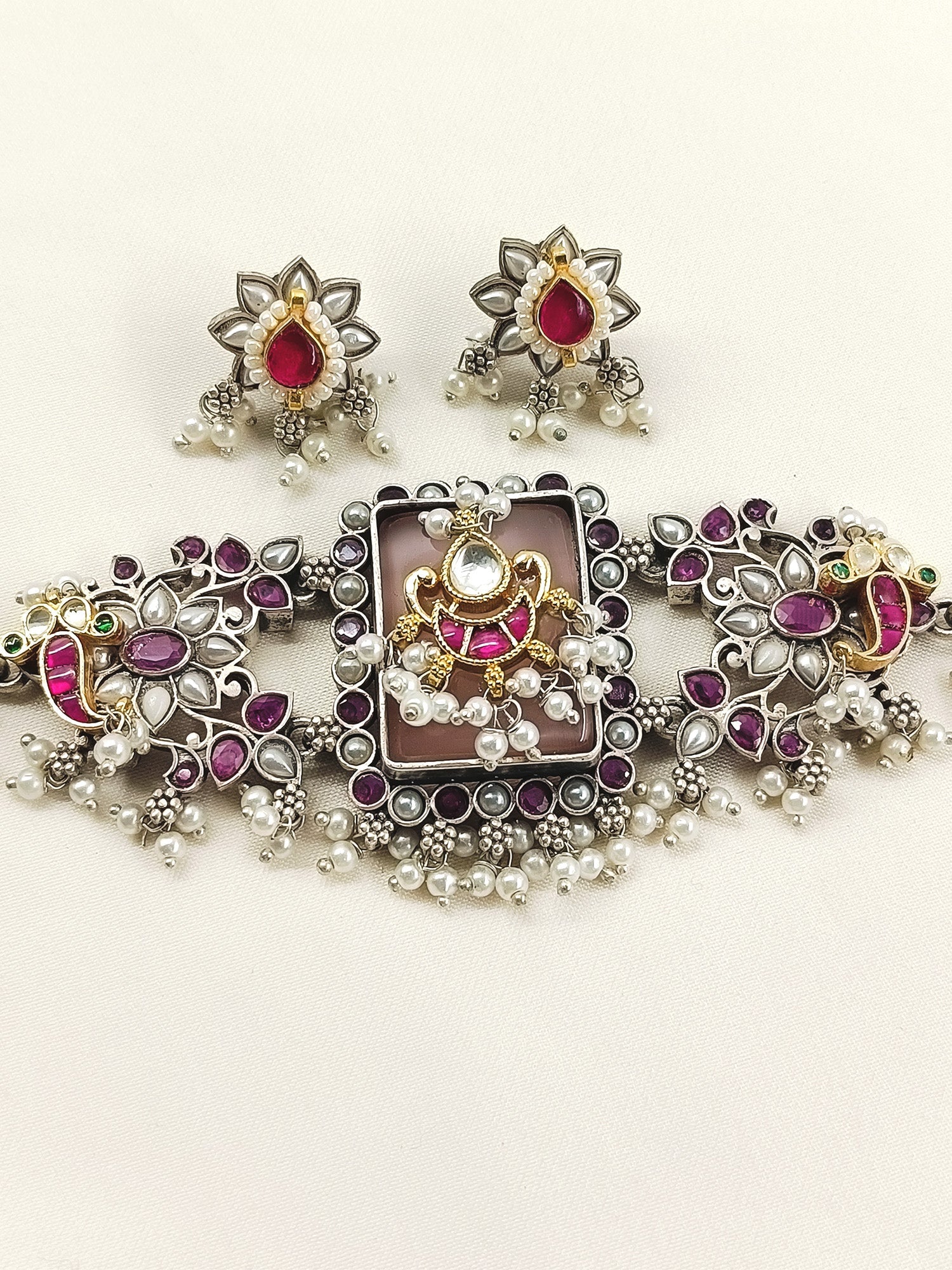 Raya Peach Oxidized Choker Set