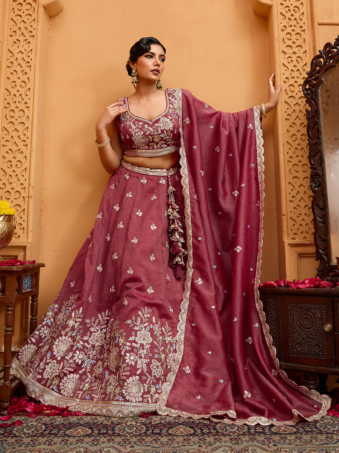 Rosegold- Tissue Fabric Sequins embroidery Semi-Stitched Lehenga & Unstitched Blouse With Dupatta - qivii