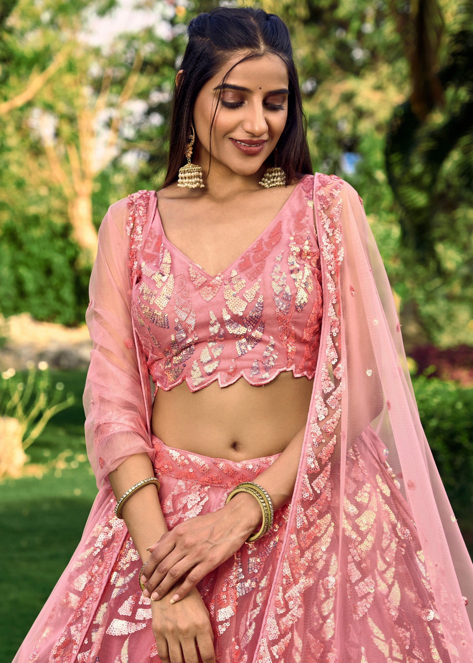 Baby Pink Net Lehenga Choli With Multiple Sequins And Thread Embroidery Work | Ready To Wear - qivii