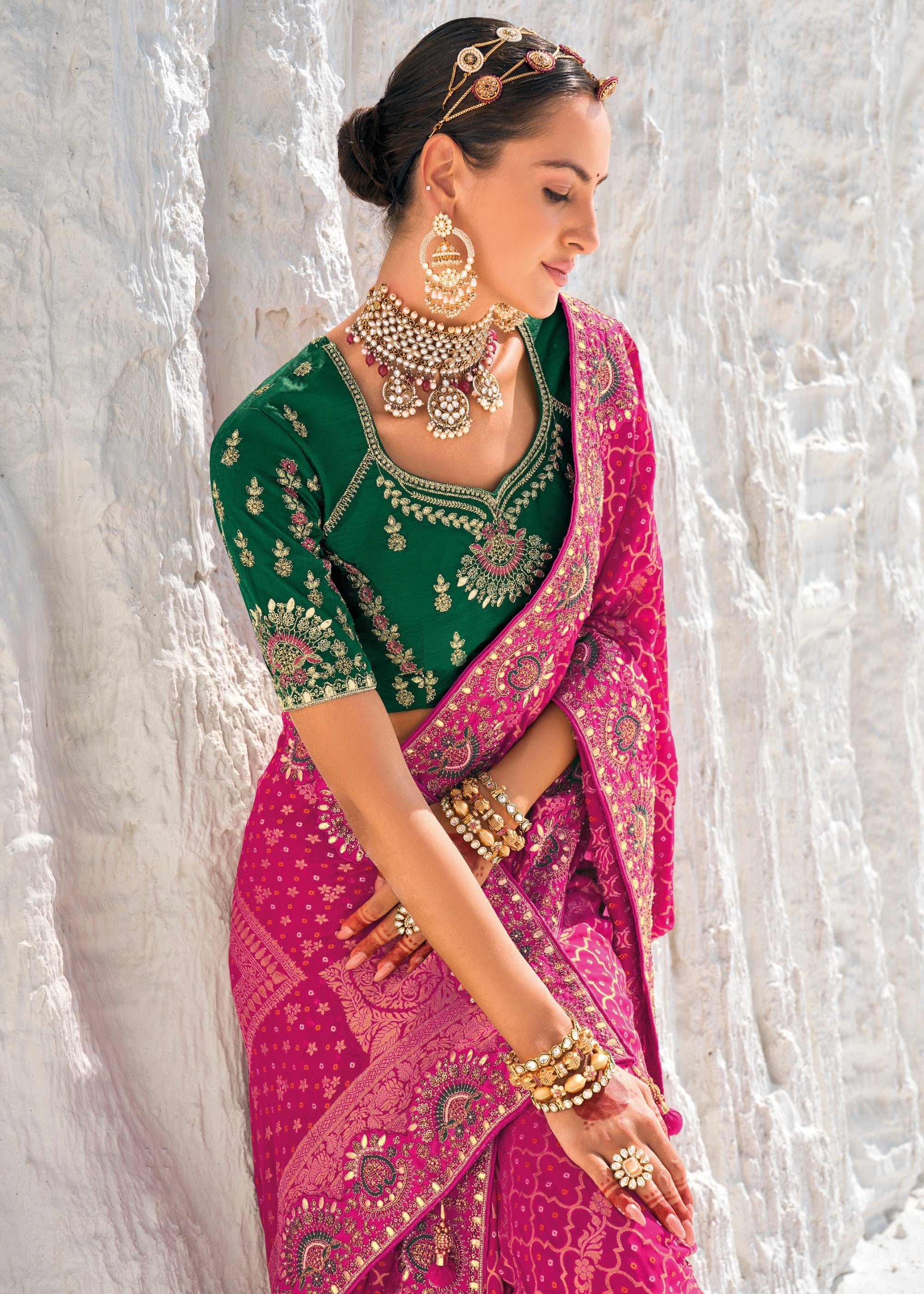 Wild Berry Pink Pure Georgette Bandhani Patola With Zari Weaving Heavy Work Saree - qivii