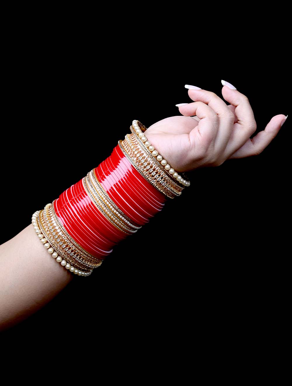 Jyotsana Pearl & American Diamond Red Chura Set - qivii