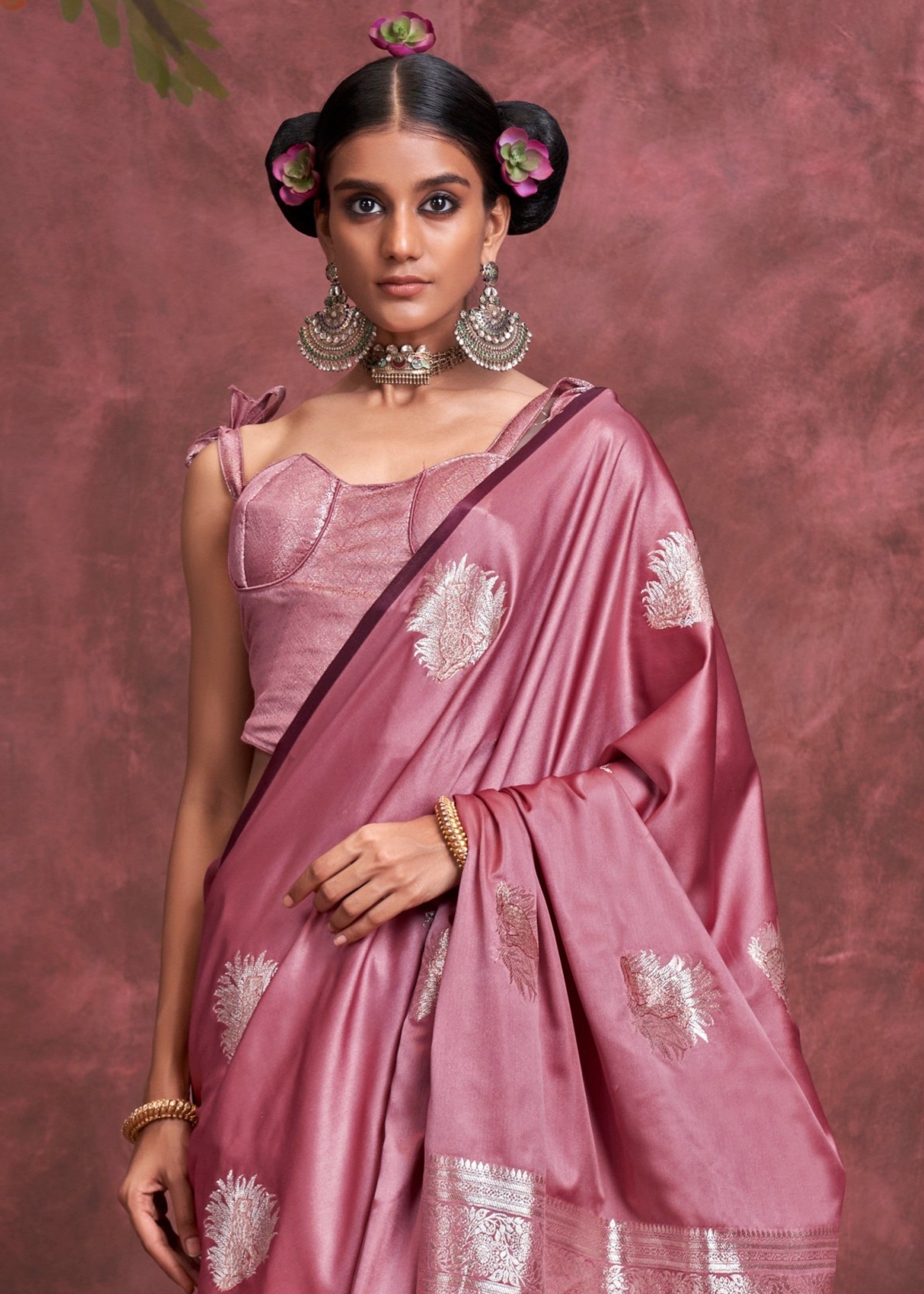 Wild Orchid Handloom Weaving Satin Saree with Banarasi Zari - qivii