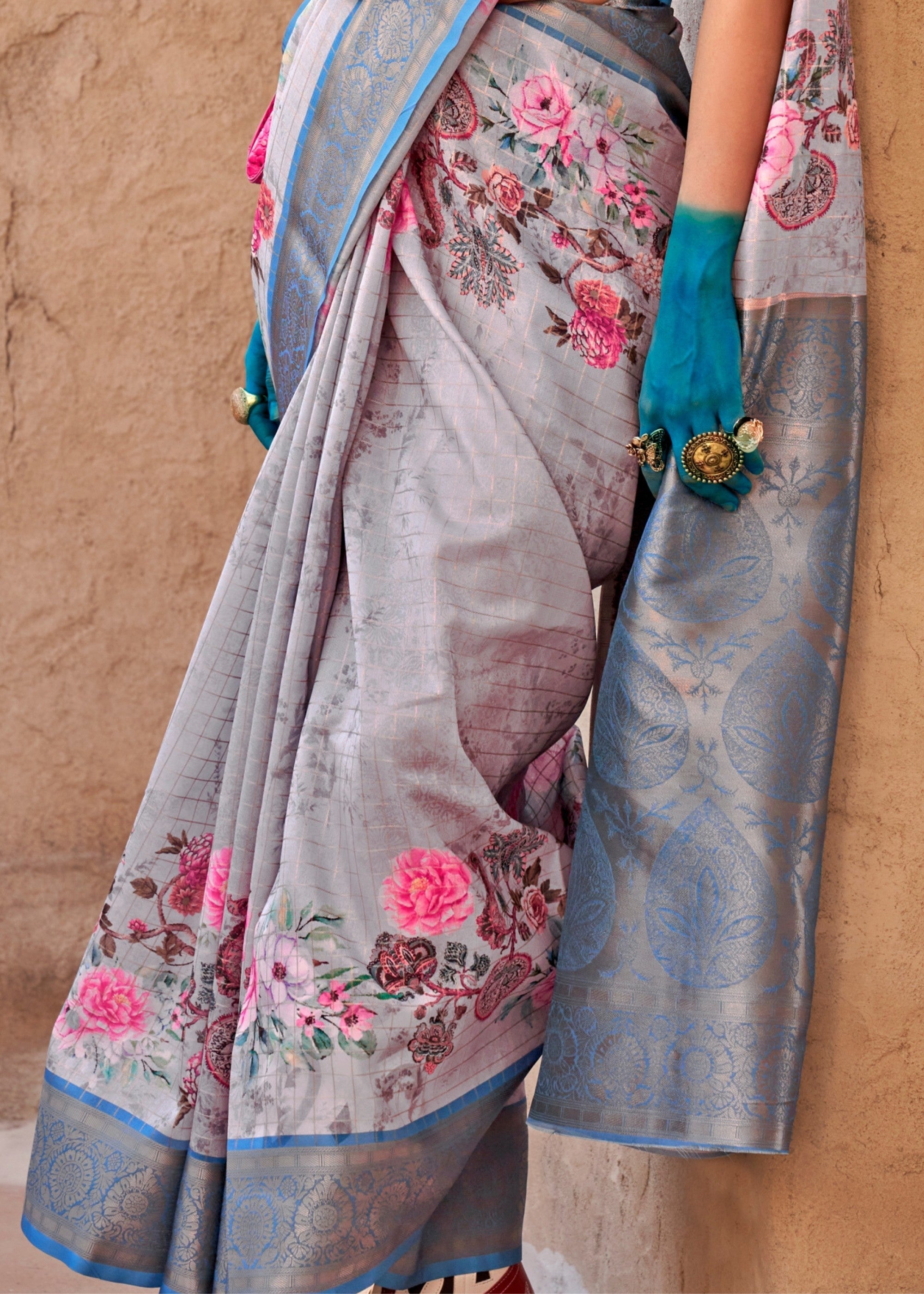 Vivid Blue and Gray Printed Handloom Georgette Saree - qivii