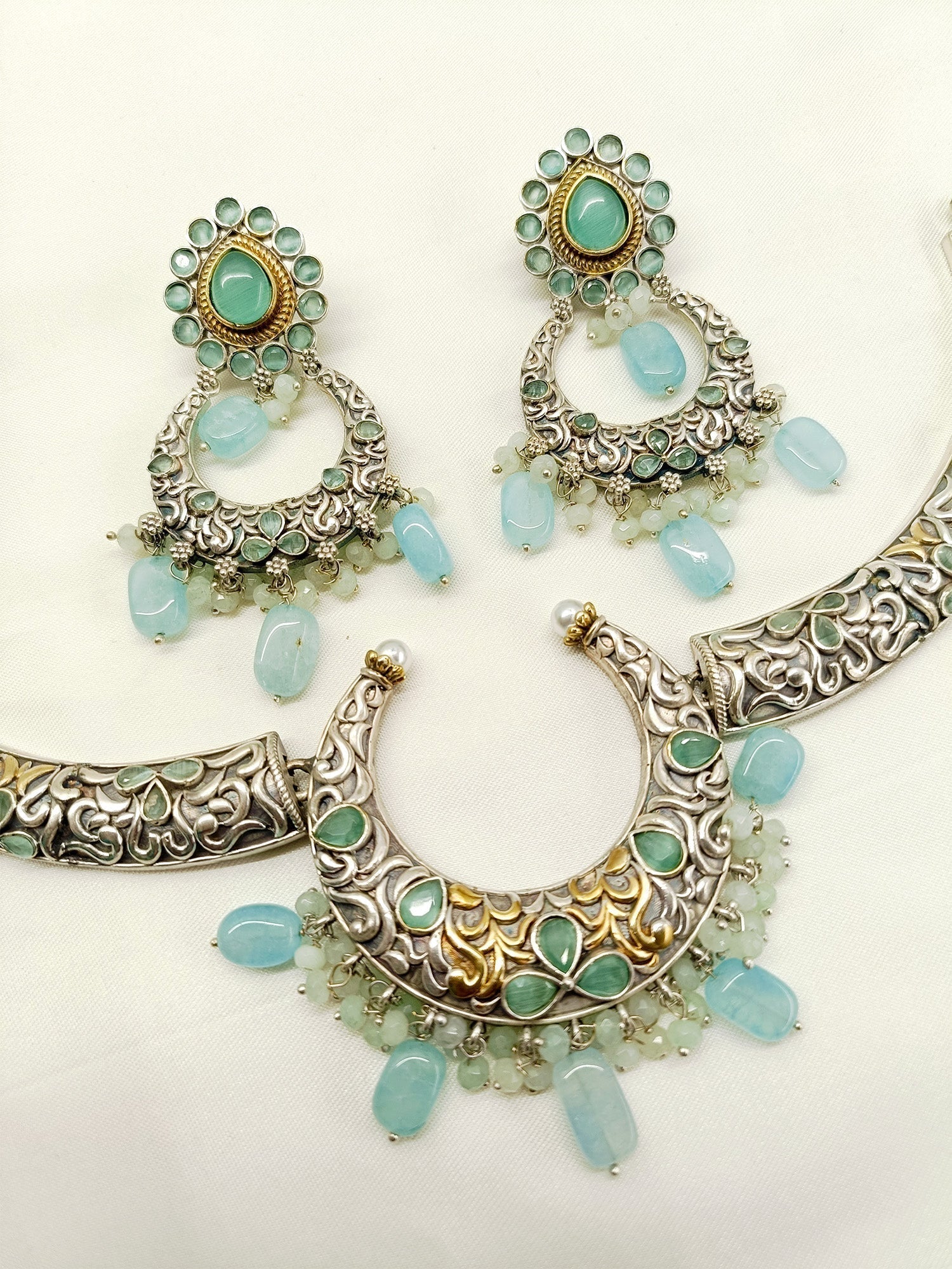 Anjalika Mint Green Oxidized Necklace Set - qivii