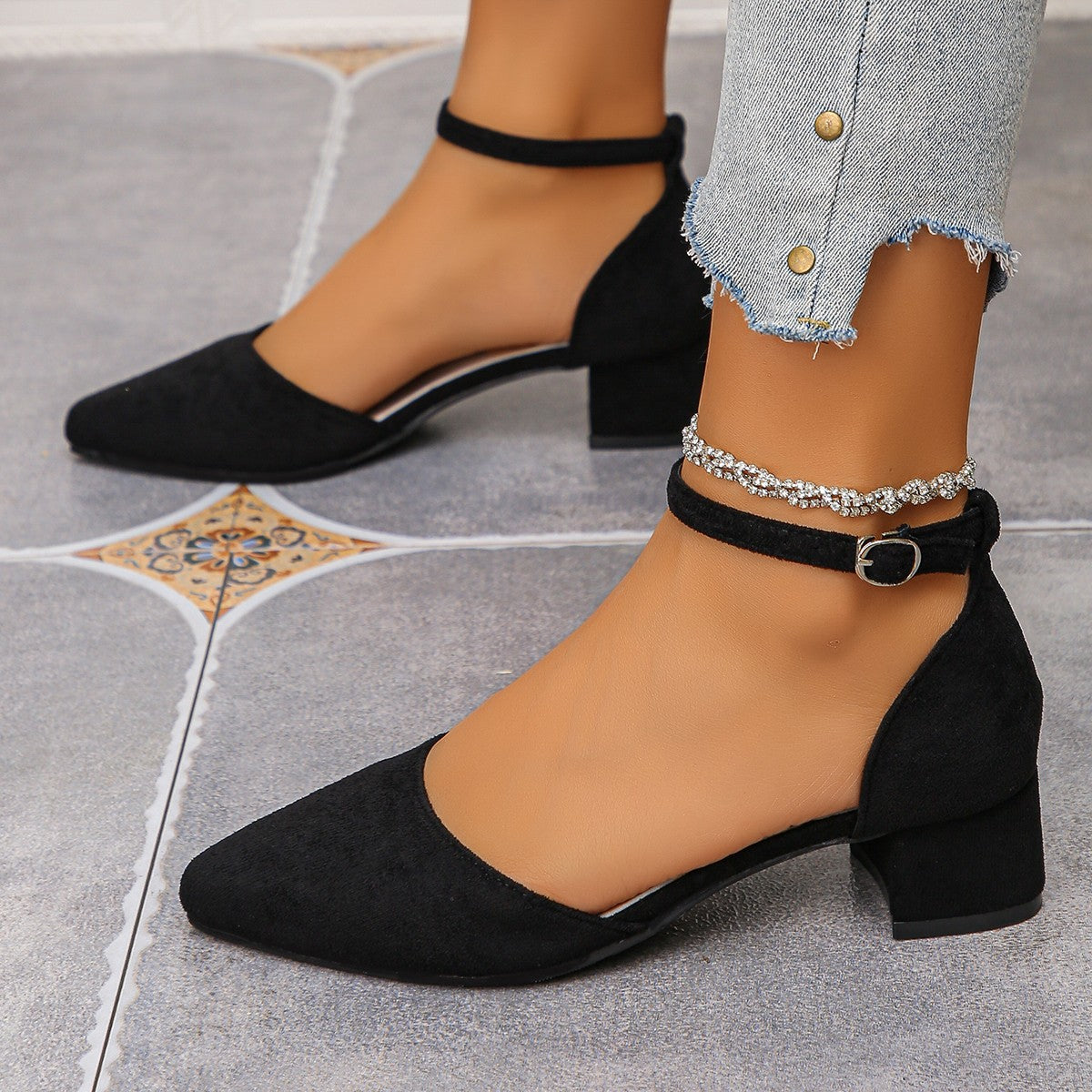Women’s Serelia Suede Closed-Toe Sandals – Pointed Toe Block Heel Ankle Strap Dress Sandals (US 5–10.5)
