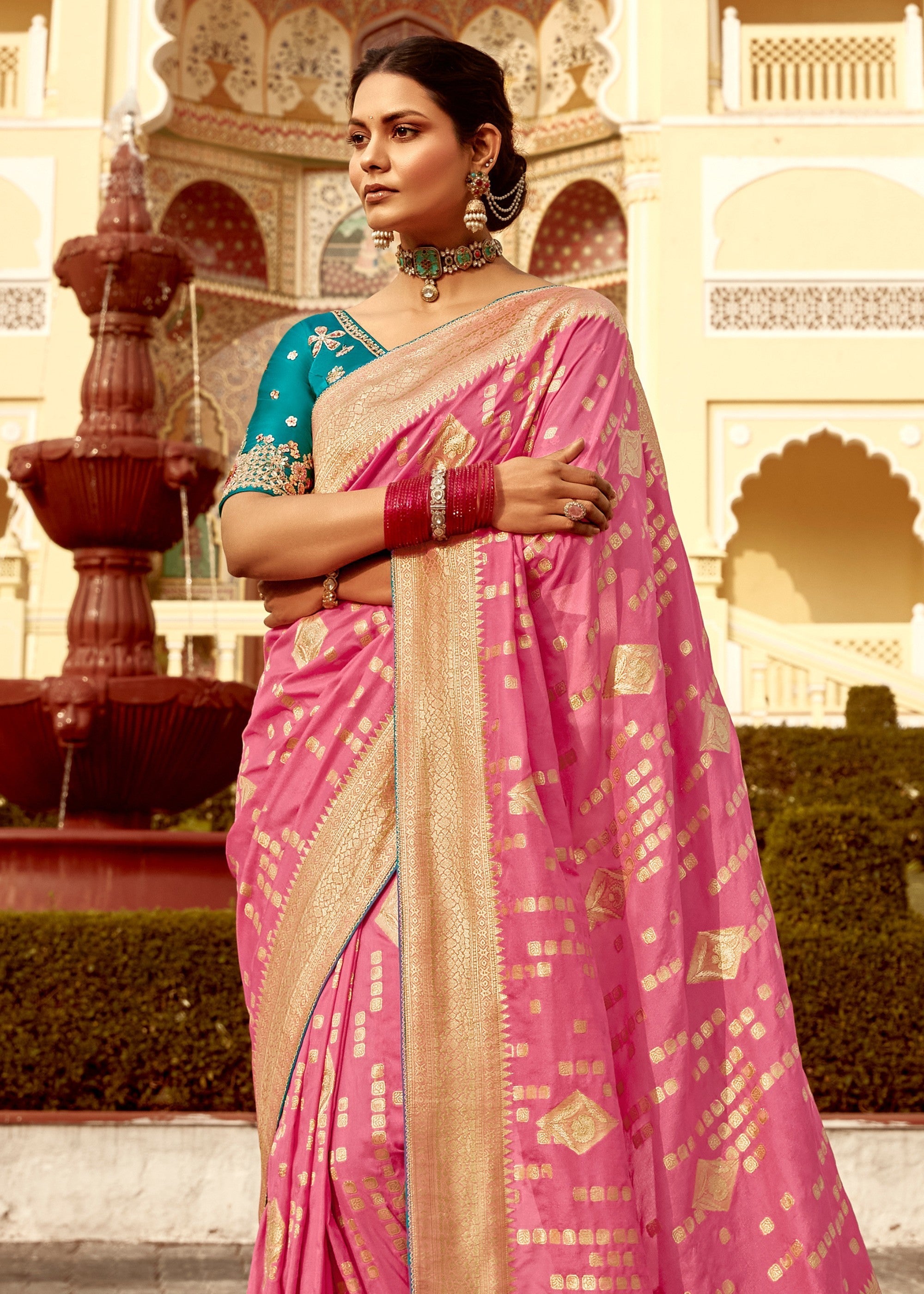 Rose Pink Dola Silk Saree Embellished With Weaving Work And Heavy Embroidered Blouse - qivii