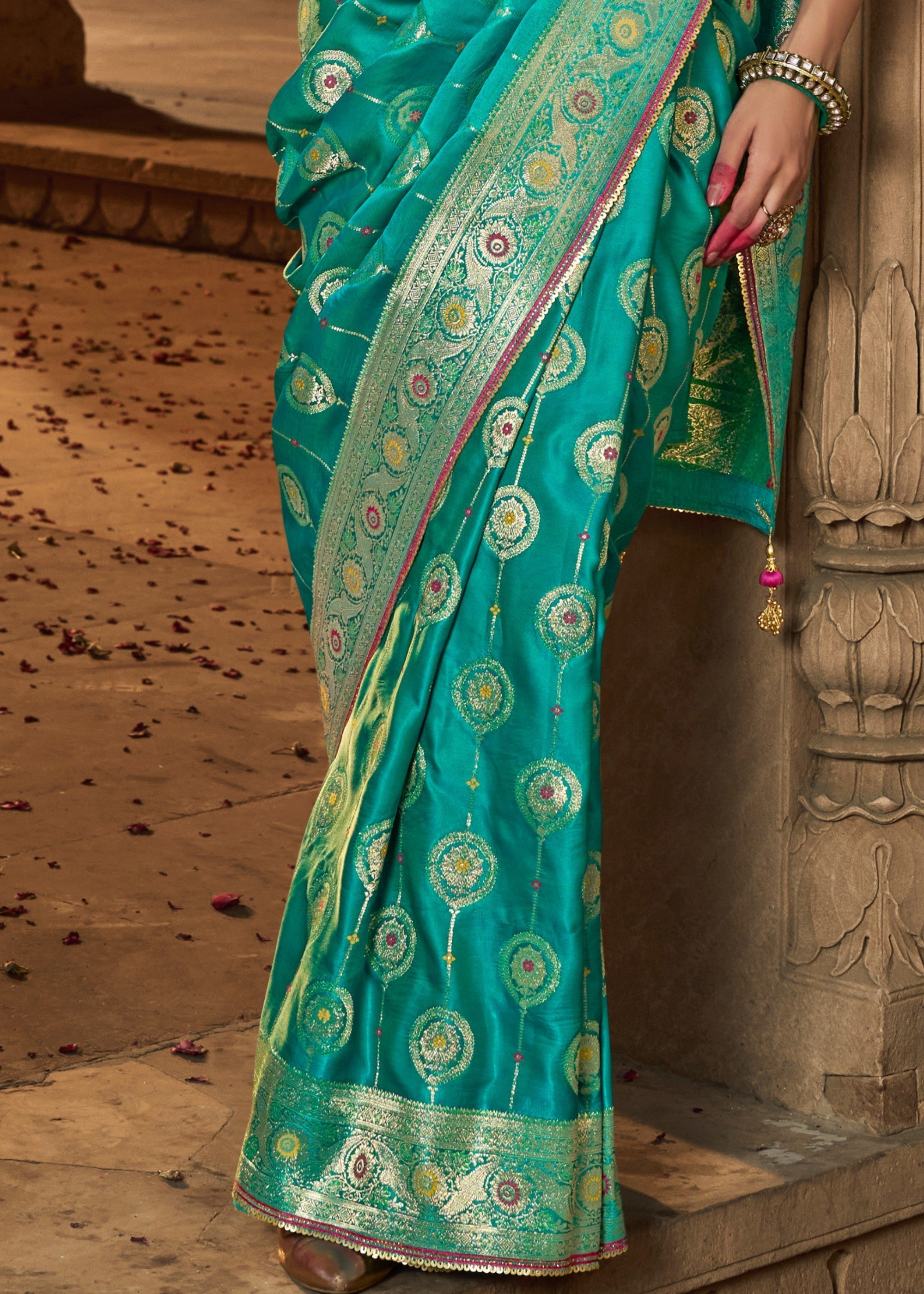 Persian Green Satin Silk Saree With Beautiful Lace Border And Heavy Designer Embroidered Blouse - qivii